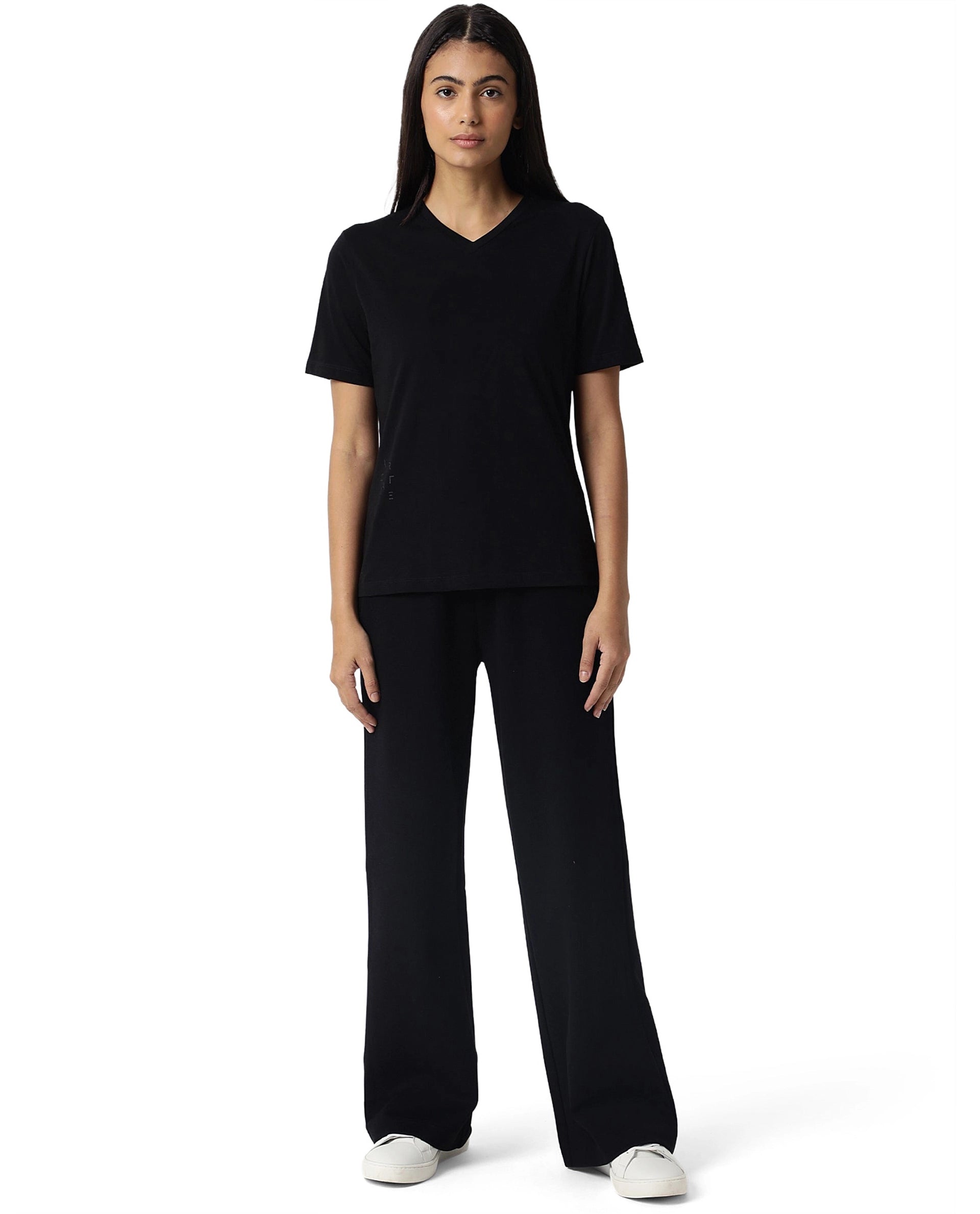 Rareism Women Arvi Black Cotton Blend Fabric Regular Fit Half Sleeves Solid V-Neck T-Shirt