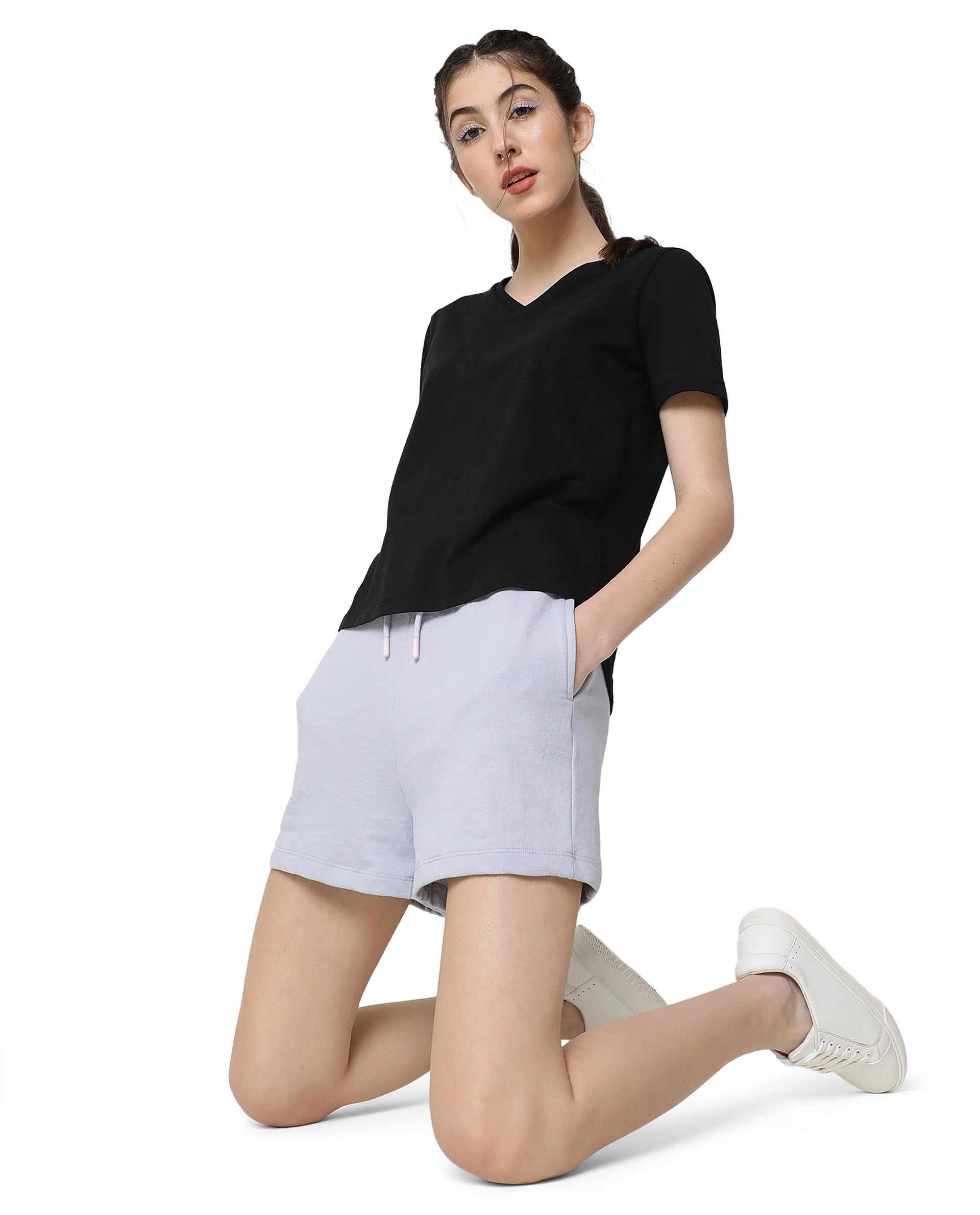 Rareism Women Arvi Black Cotton Blend Fabric Regular Fit Half Sleeves Solid V-Neck T-Shirt