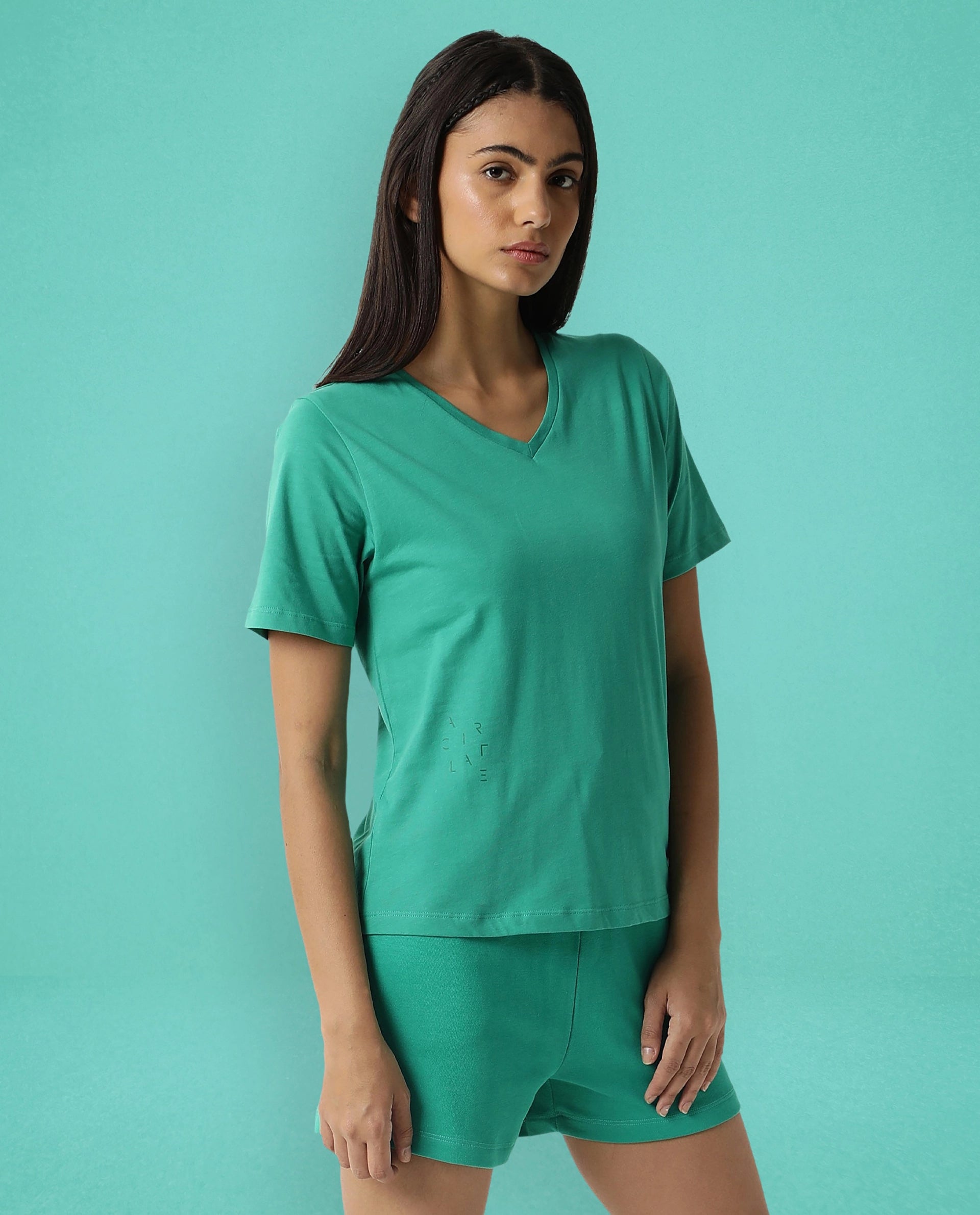 Rareism Women Arvi Green Cotton Blend Fabric Regular Fit Half Sleeves Solid V-Neck T-Shirt