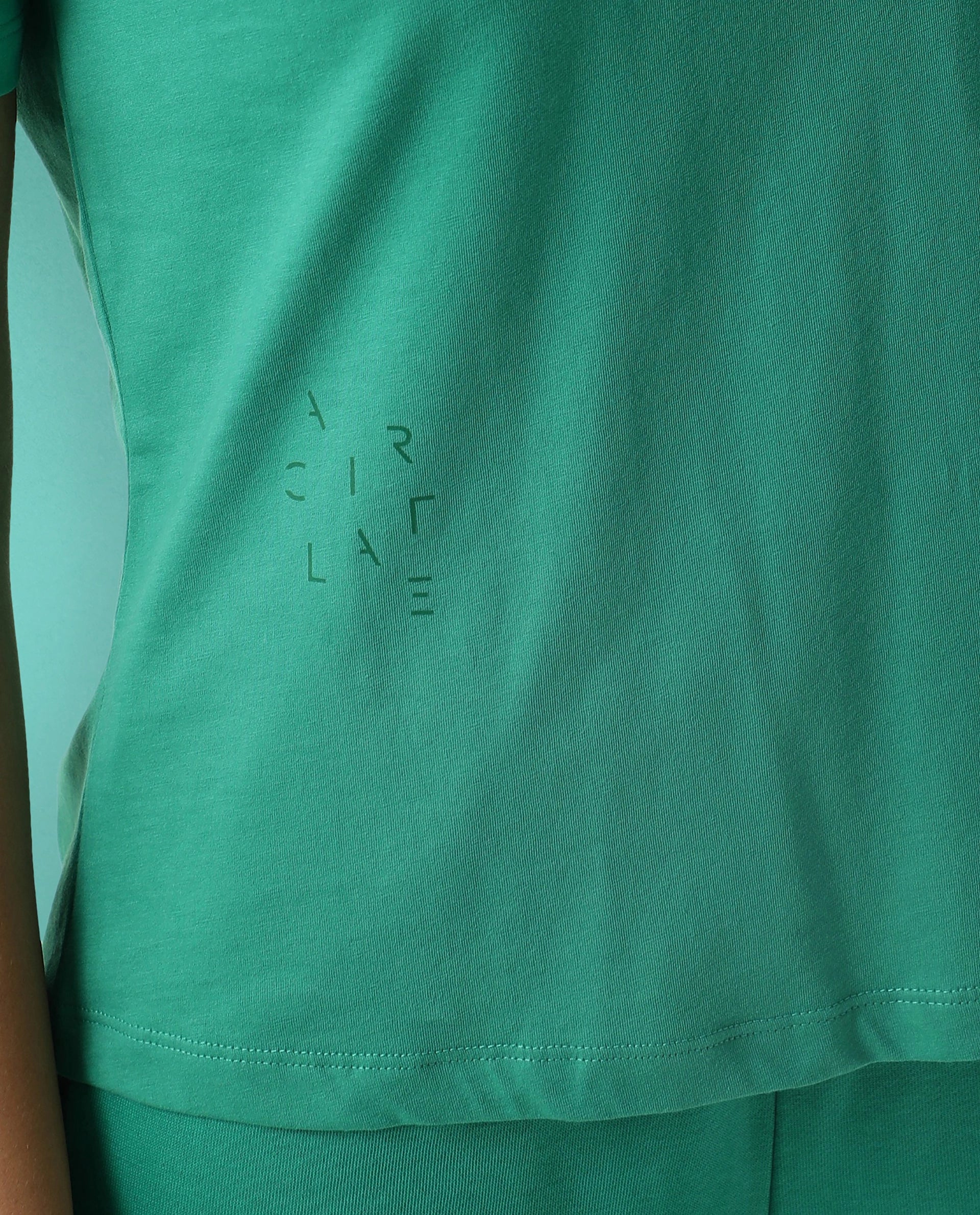 Rareism Women Arvi Green Cotton Blend Fabric Regular Fit Half Sleeves Solid V-Neck T-Shirt