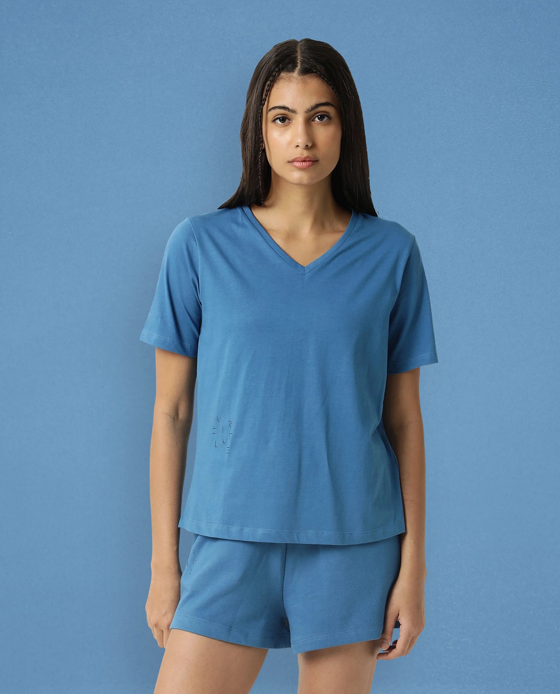 Rareism Women Arvi Petrol Cotton Blend Fabric Regular Fit Half Sleeves Solid V-Neck T-Shirt