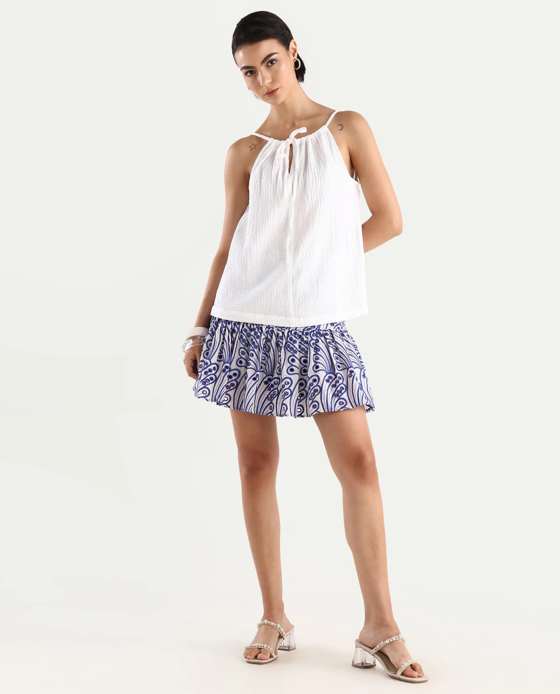 Rareism Women's Asami Blue Cotton Schiffli Mini Fit And Flare Skirt