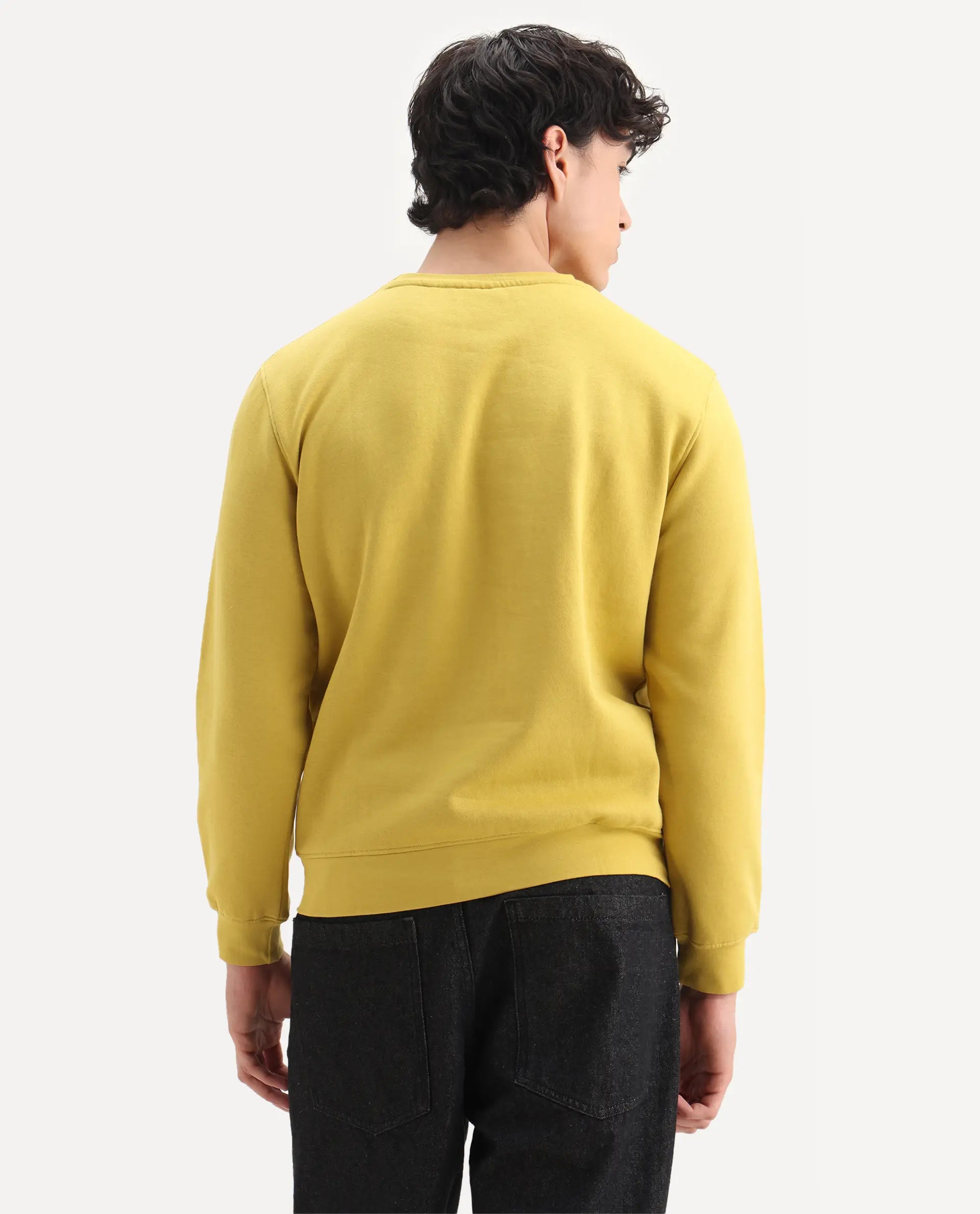 Rare Rabbit Men's Asher Mustard Cotton Embroidered Regular Fit Full Sleeve Crew Neck Sweatshirt