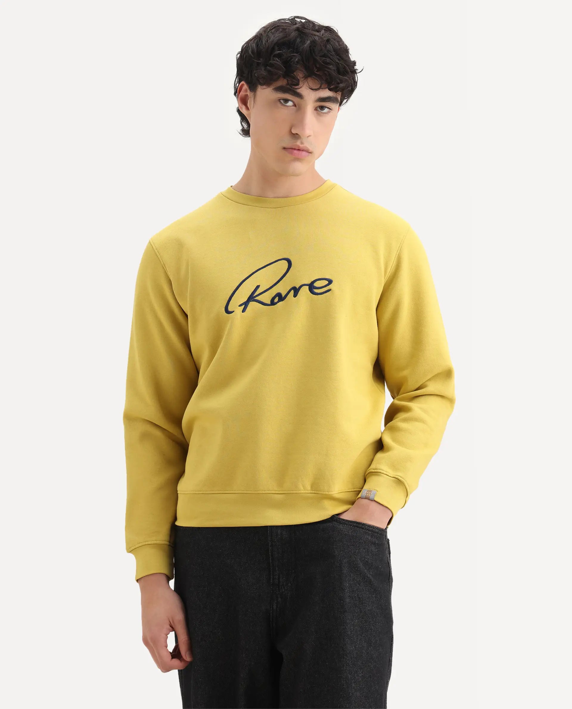 Rare Rabbit Men's Asher Mustard Cotton Embroidered Regular Fit Full Sleeve Crew Neck Sweatshirt