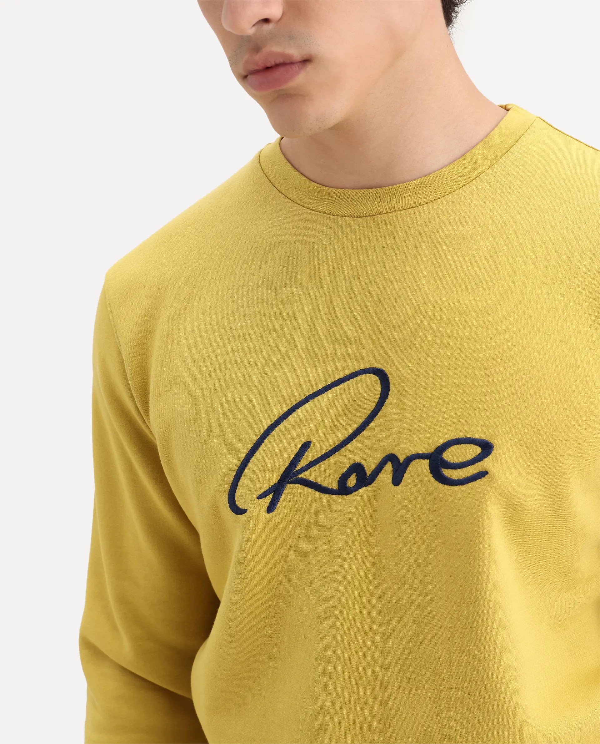 Rare Rabbit Men's Asher Mustard Cotton Embroidered Regular Fit Full Sleeve Crew Neck Sweatshirt