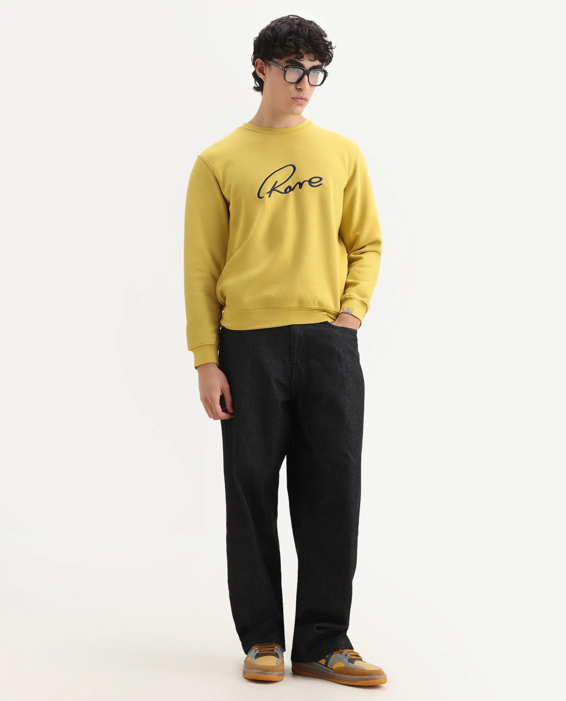 Rare Rabbit Men's Asher Mustard Cotton Embroidered Regular Fit Full Sleeve Crew Neck Sweatshirt