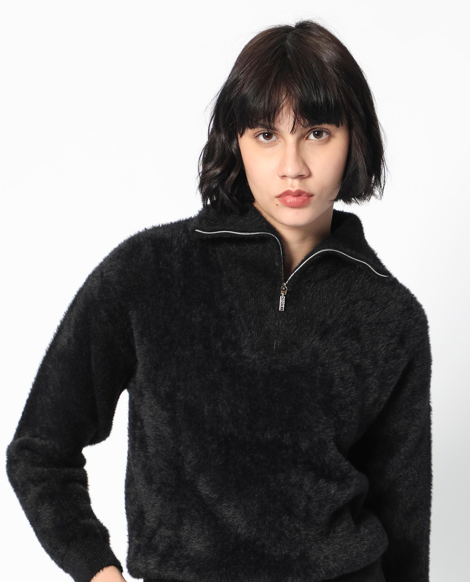 Rareism Women Asser Black Nylon Fabric Full Sleeves Zip Closure Drop Collar Regular Fit Plain Sweater