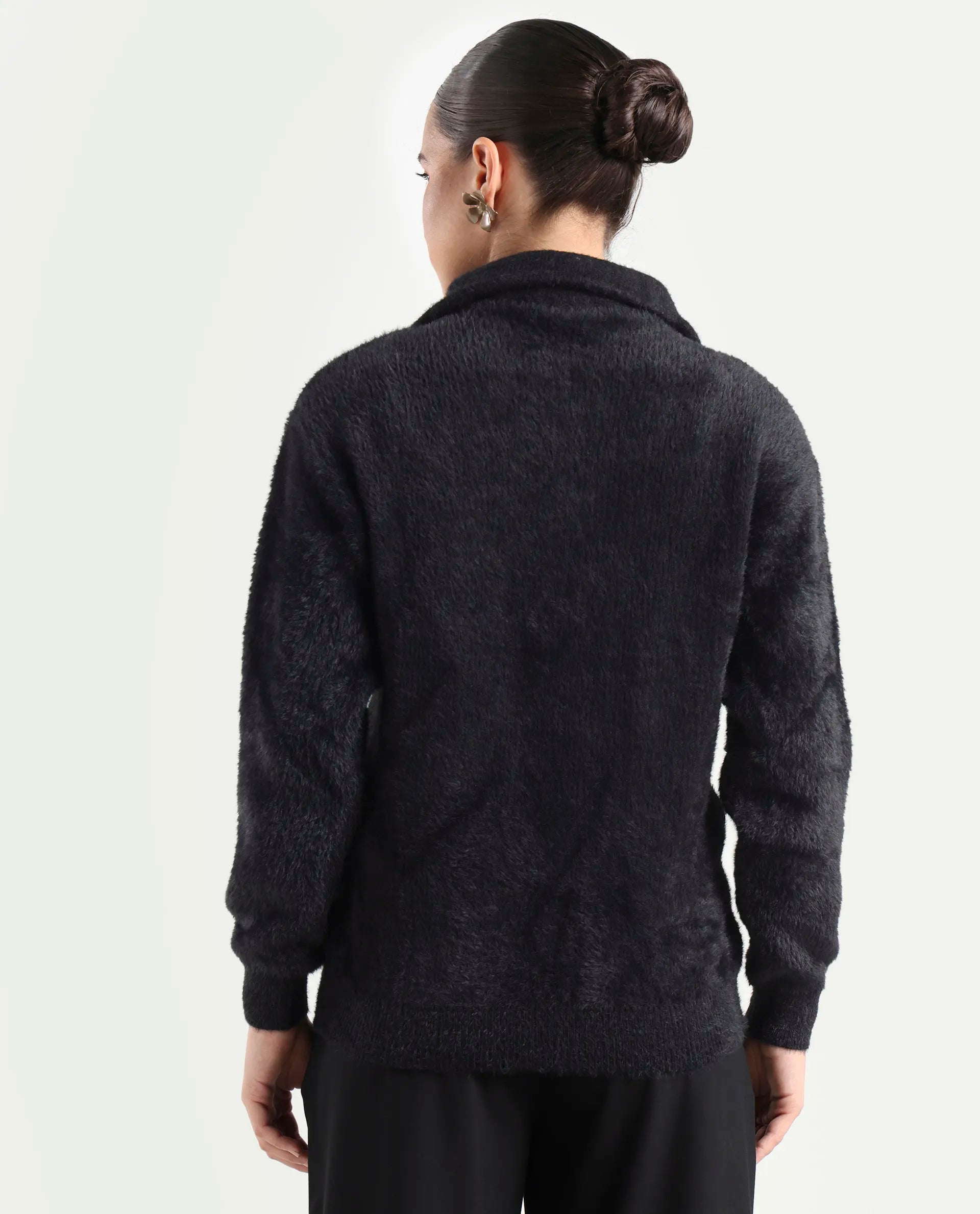 Rareism Women's Asser Black Acrylic Drop Collar Plain Relaxed Fit Sweater