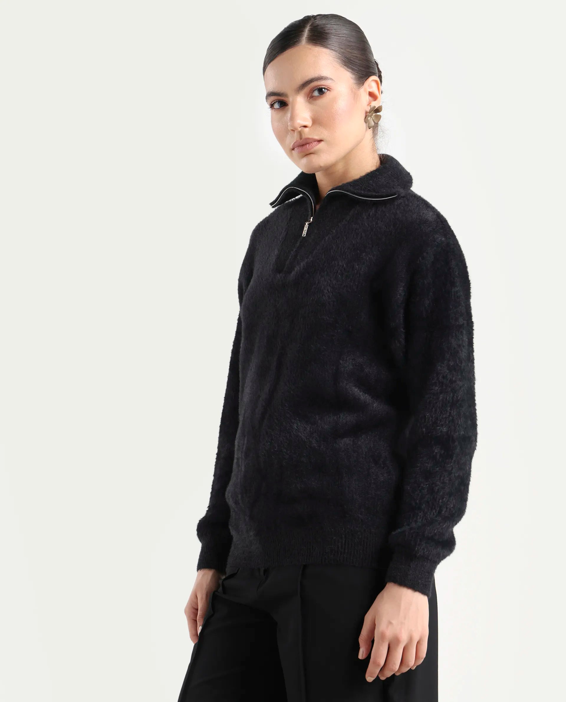 Rareism Women's Asser Black Acrylic Drop Collar Plain Relaxed Fit Sweater