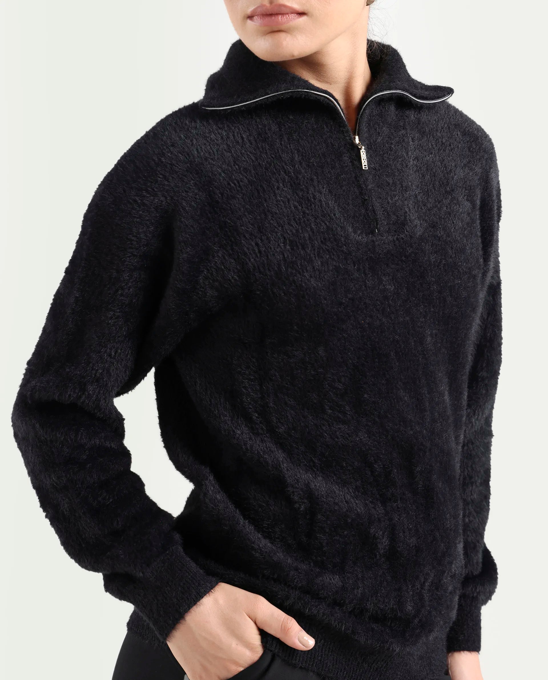 Rareism Women's Asser Black Acrylic Drop Collar Plain Relaxed Fit Sweater