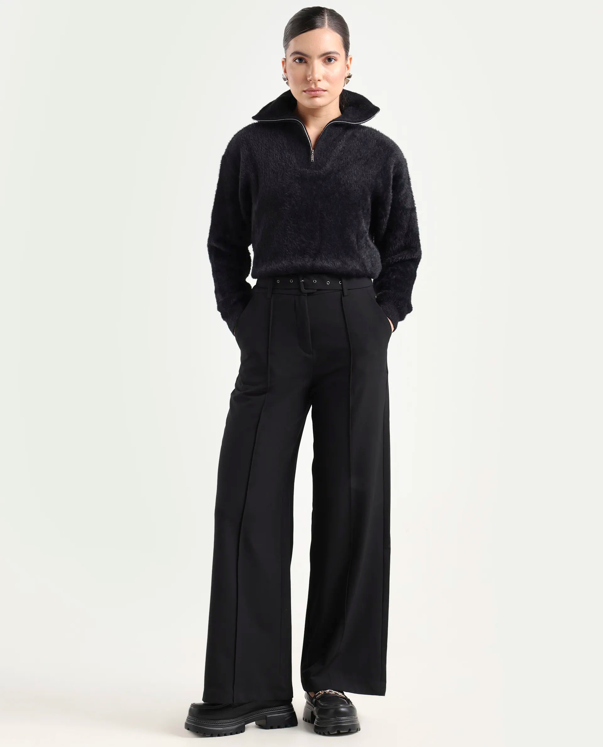 Rareism Women's Asser Black Acrylic Drop Collar Plain Relaxed Fit Sweater