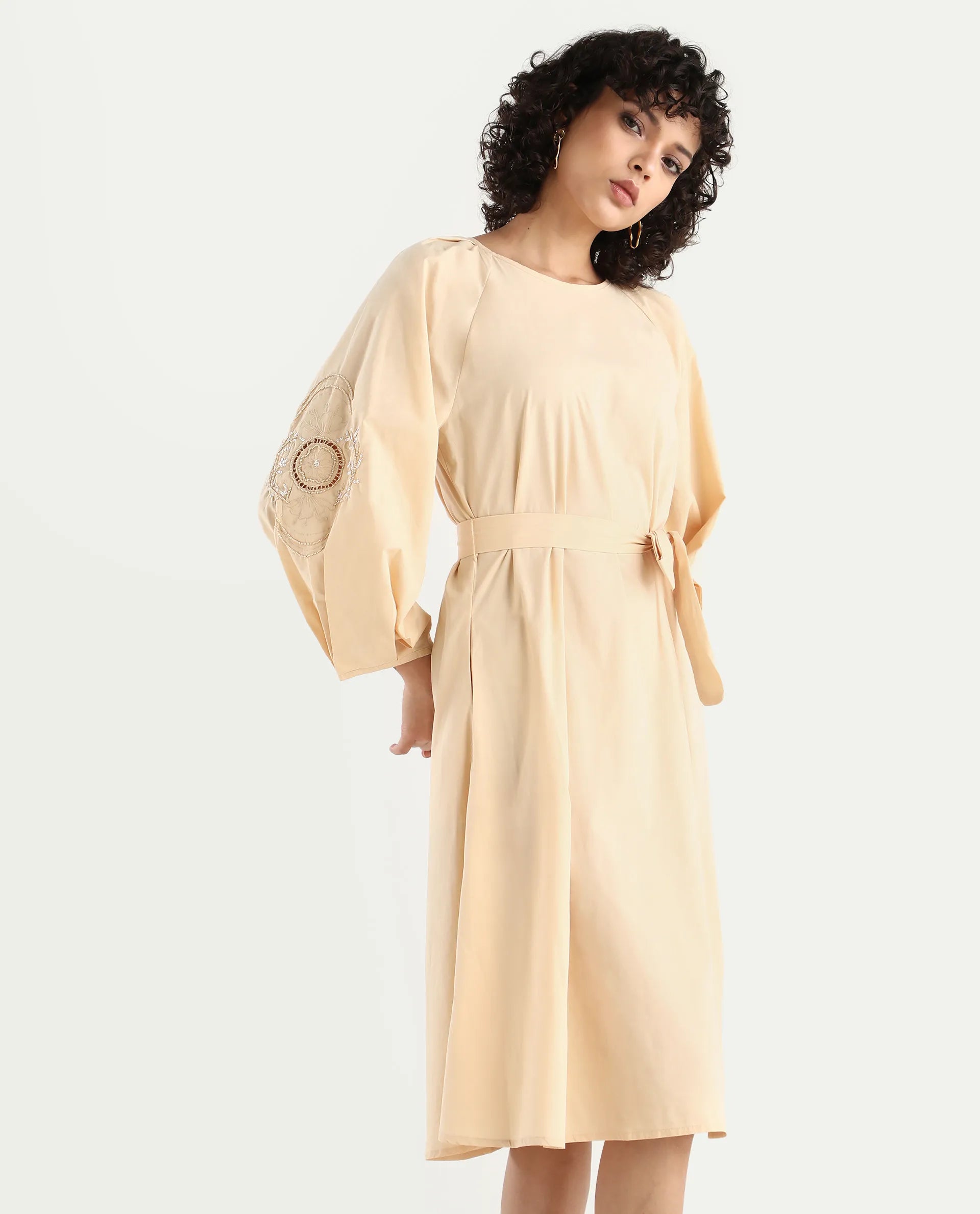 Rareism Women's Asta Light Beige Cotton Round Neck Plain Raglan Sleeve Midi A-Line Dress