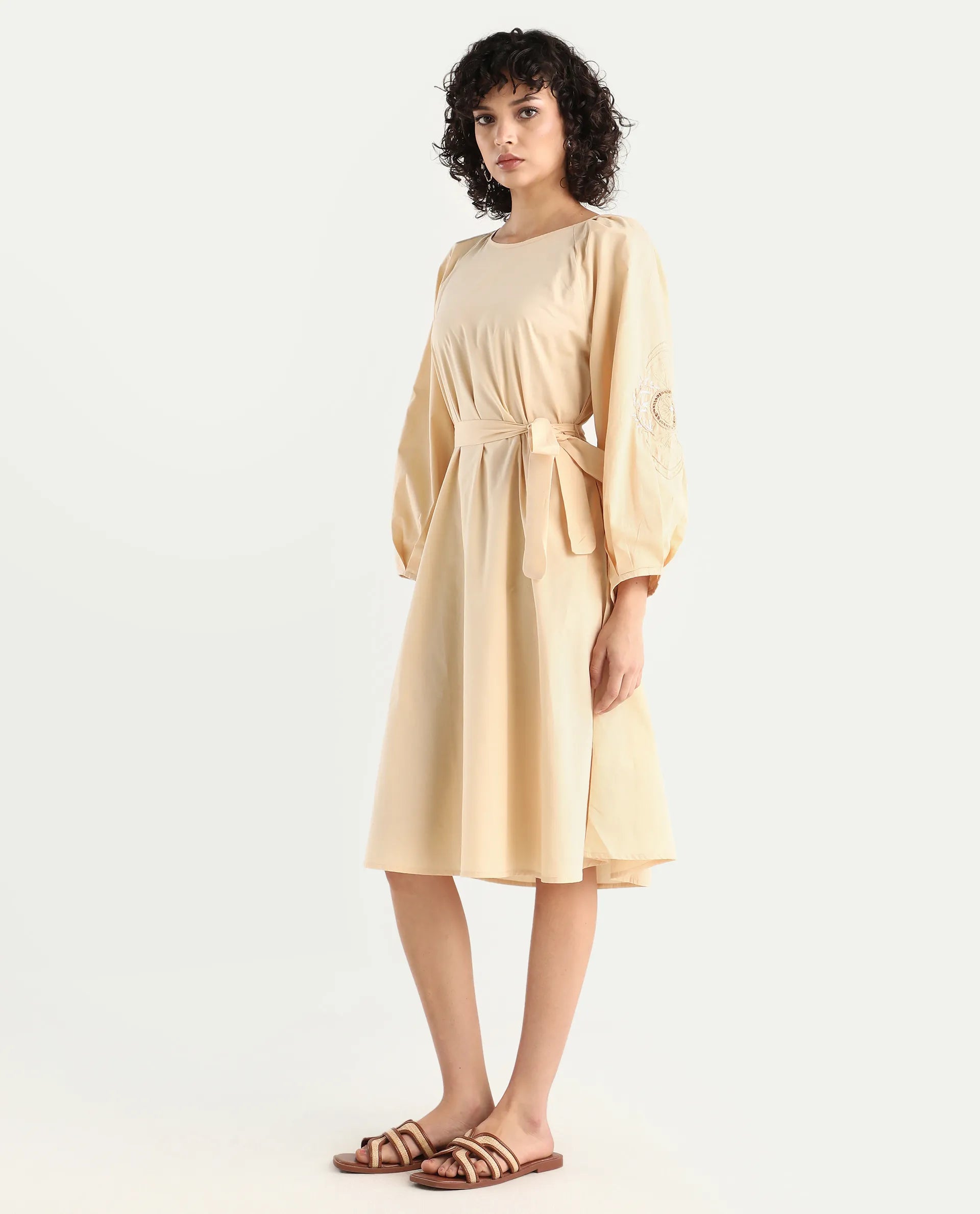 Rareism Women's Asta Light Beige Cotton Round Neck Plain Raglan Sleeve Midi A-Line Dress