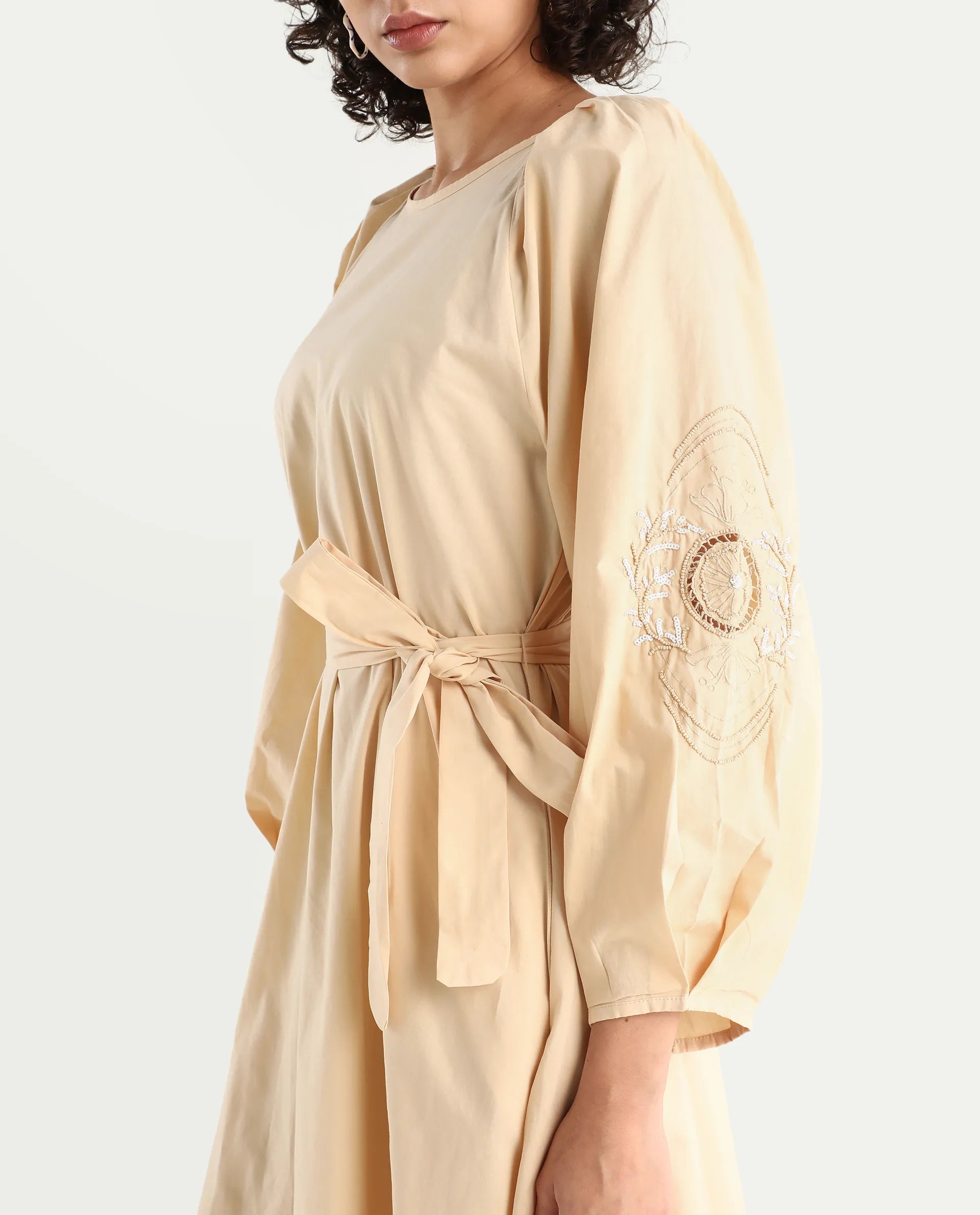 Rareism Women's Asta Light Beige Cotton Round Neck Plain Raglan Sleeve Midi A-Line Dress