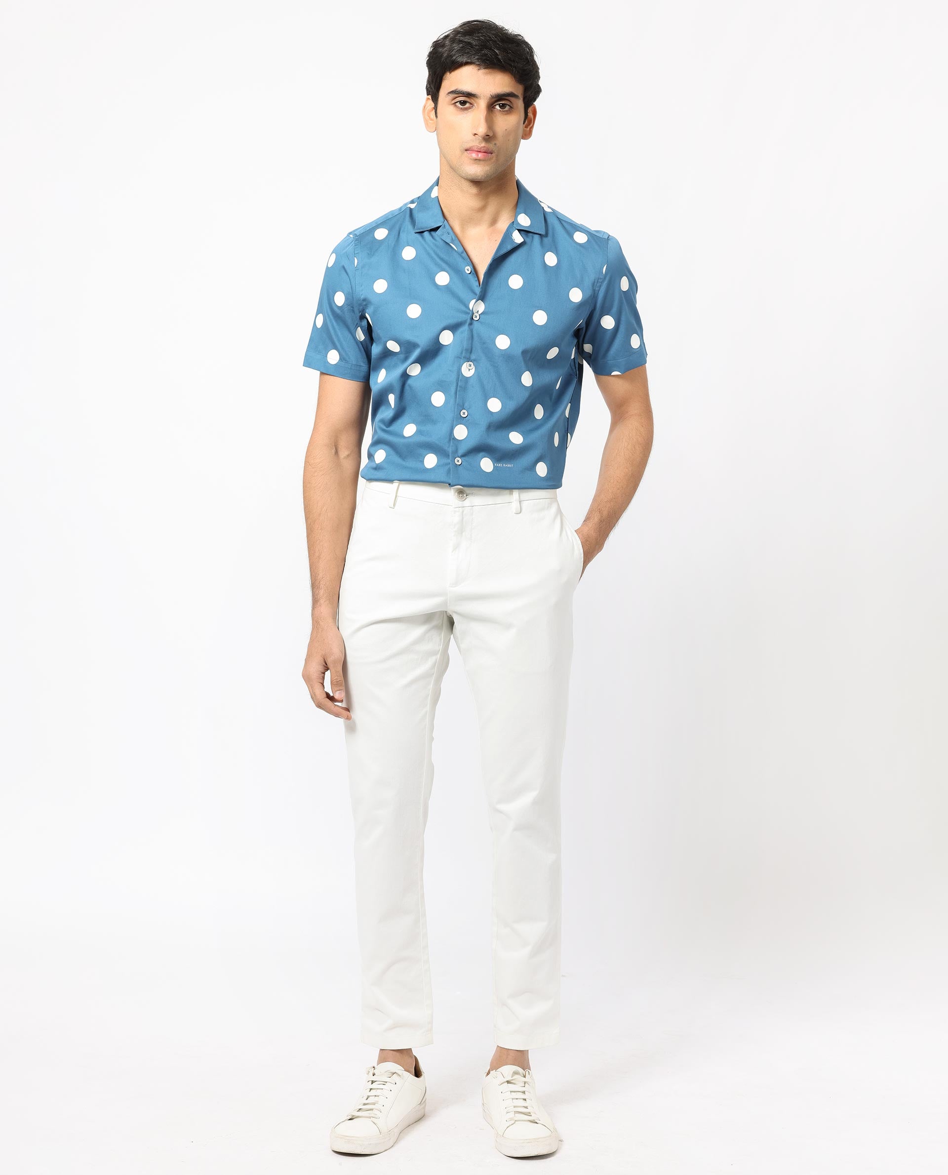 Rare Rabbit Men's Astels Blue Cotton Fabric Cuban Collar Half Sleeves Polka Print Shirt