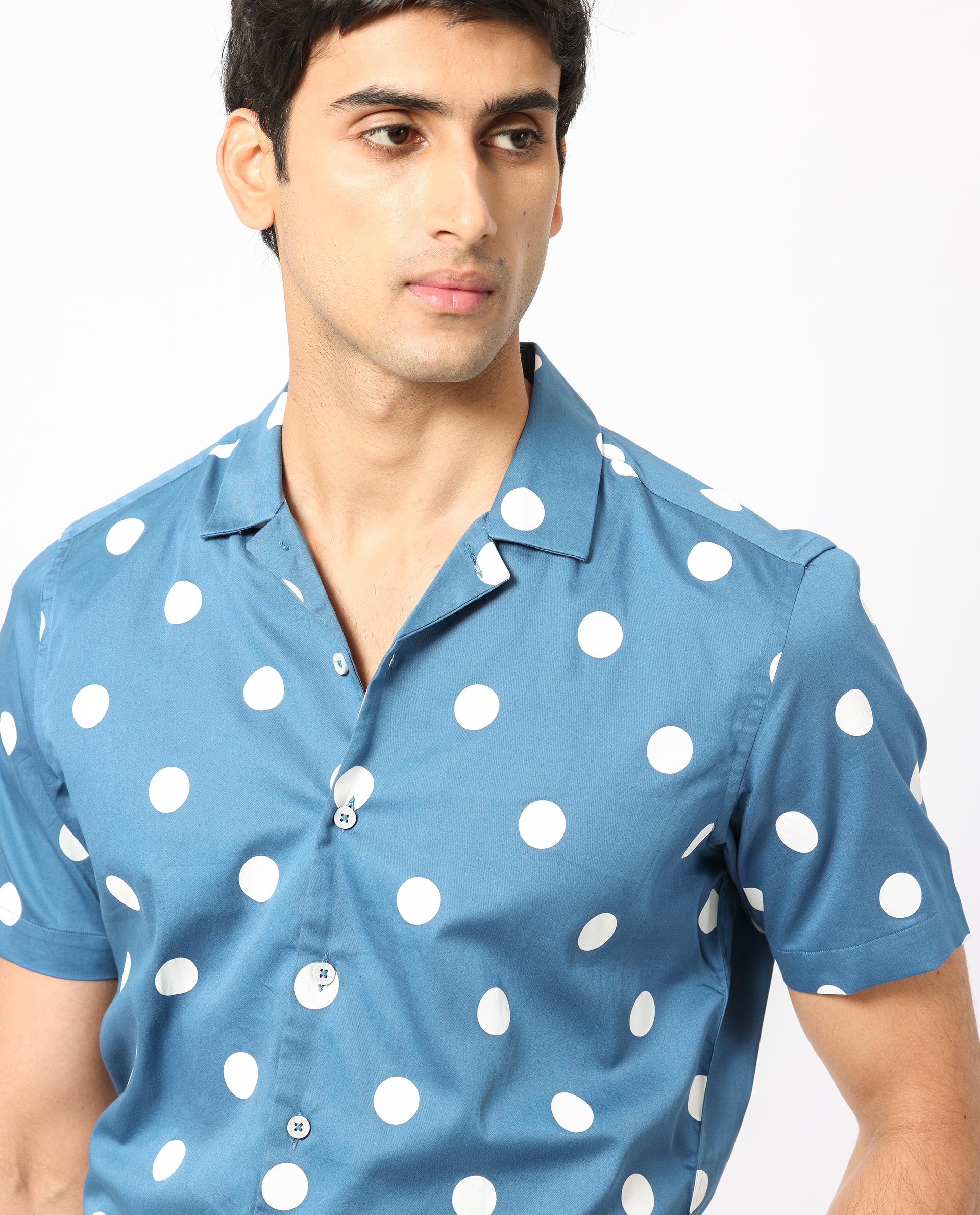 Rare Rabbit Men's Astels Blue Cotton Fabric Cuban Collar Half Sleeves Polka Print Shirt