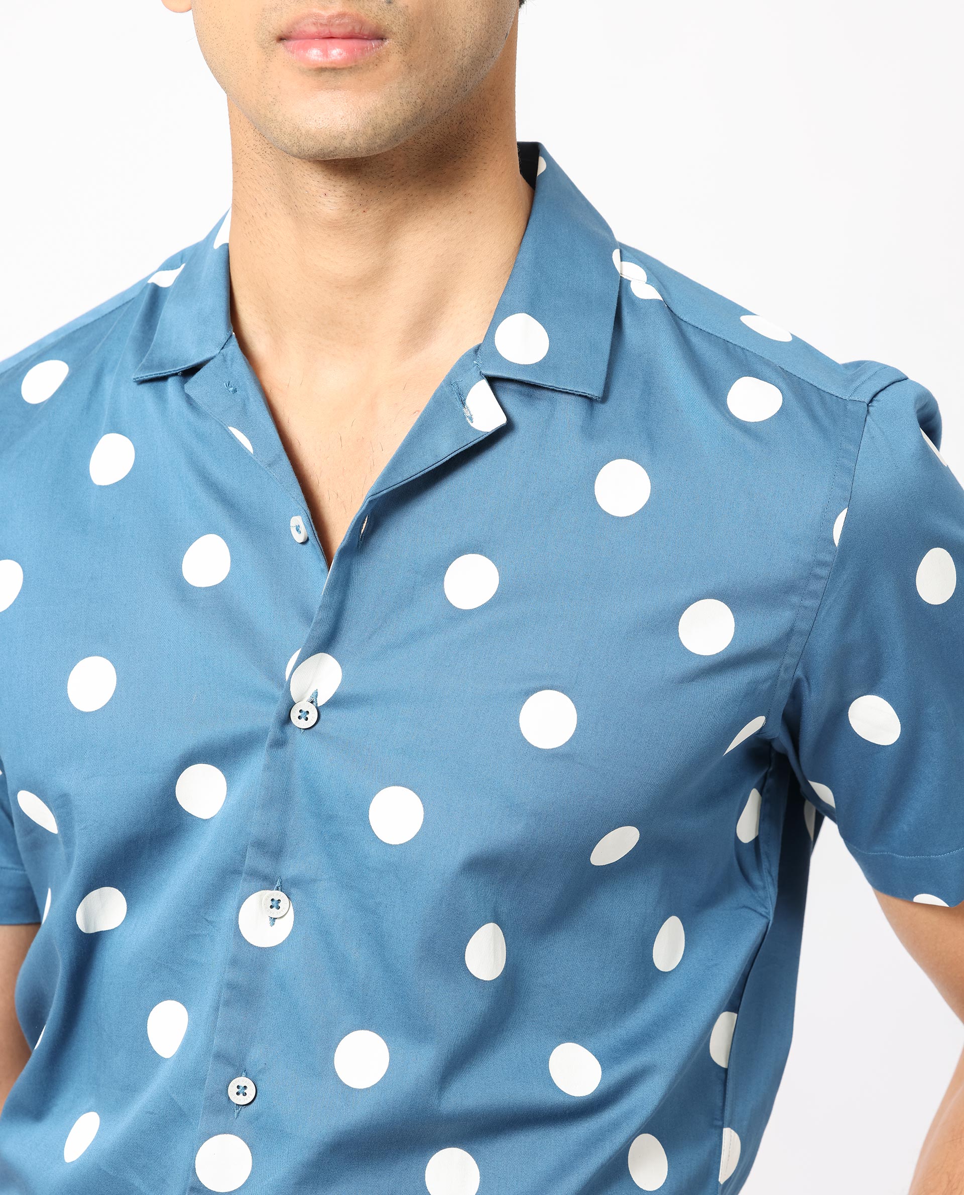 Rare Rabbit Men's Astels Blue Cotton Fabric Cuban Collar Half Sleeves Polka Print Shirt