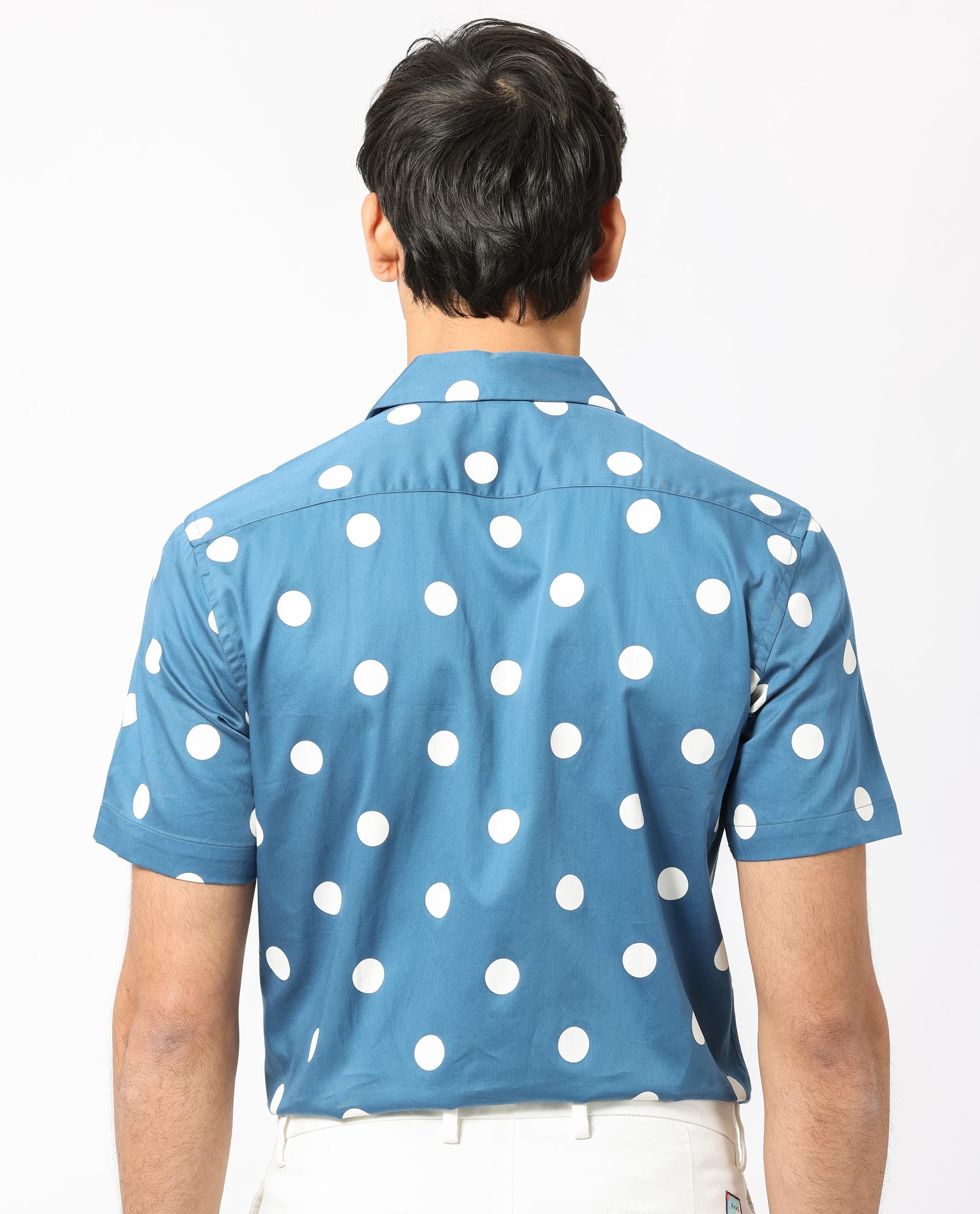 Rare Rabbit Men's Astels Blue Cotton Fabric Cuban Collar Half Sleeves Polka Print Shirt