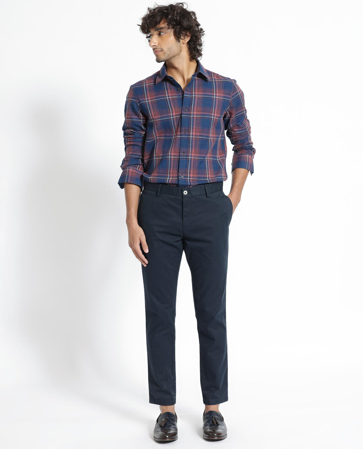 Rare Rabbit Men's Astl Navy Cotton Fabric Full Sleeves Checks Shirt