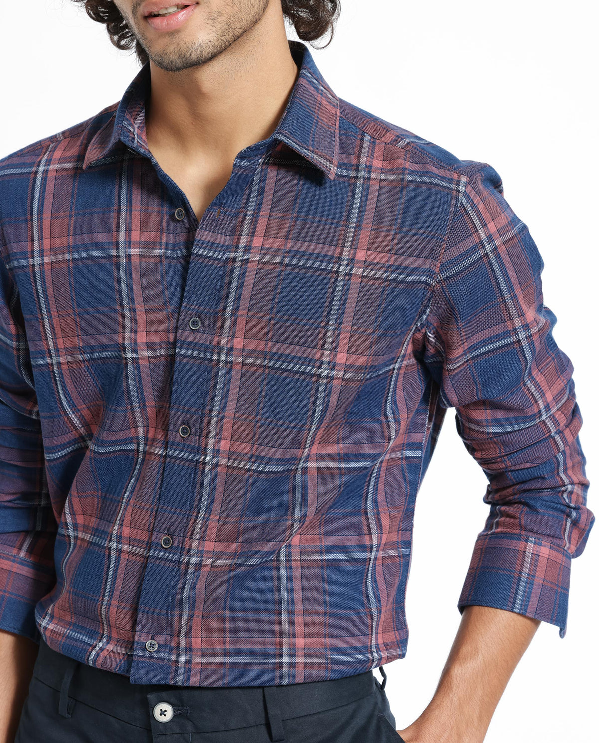 Rare Rabbit Men's Astl Navy Cotton Fabric Full Sleeves Checks Shirt