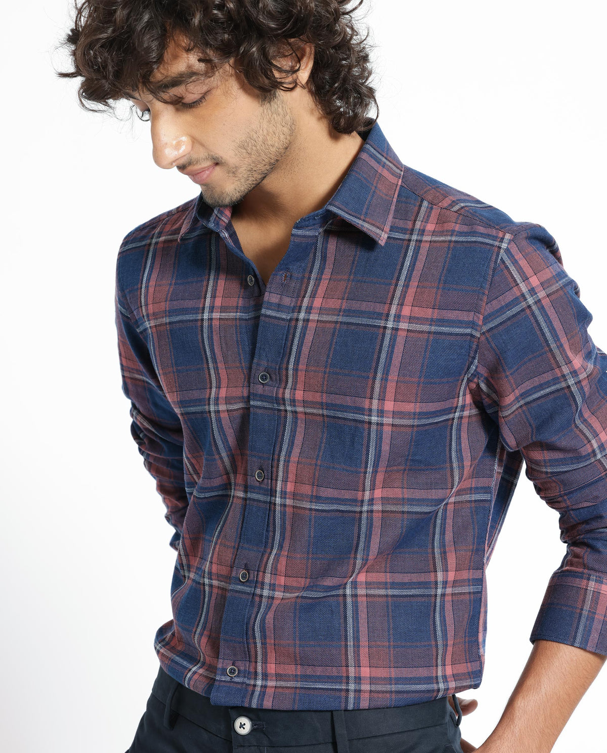 Rare Rabbit Men's Astl Navy Cotton Fabric Full Sleeves Checks Shirt
