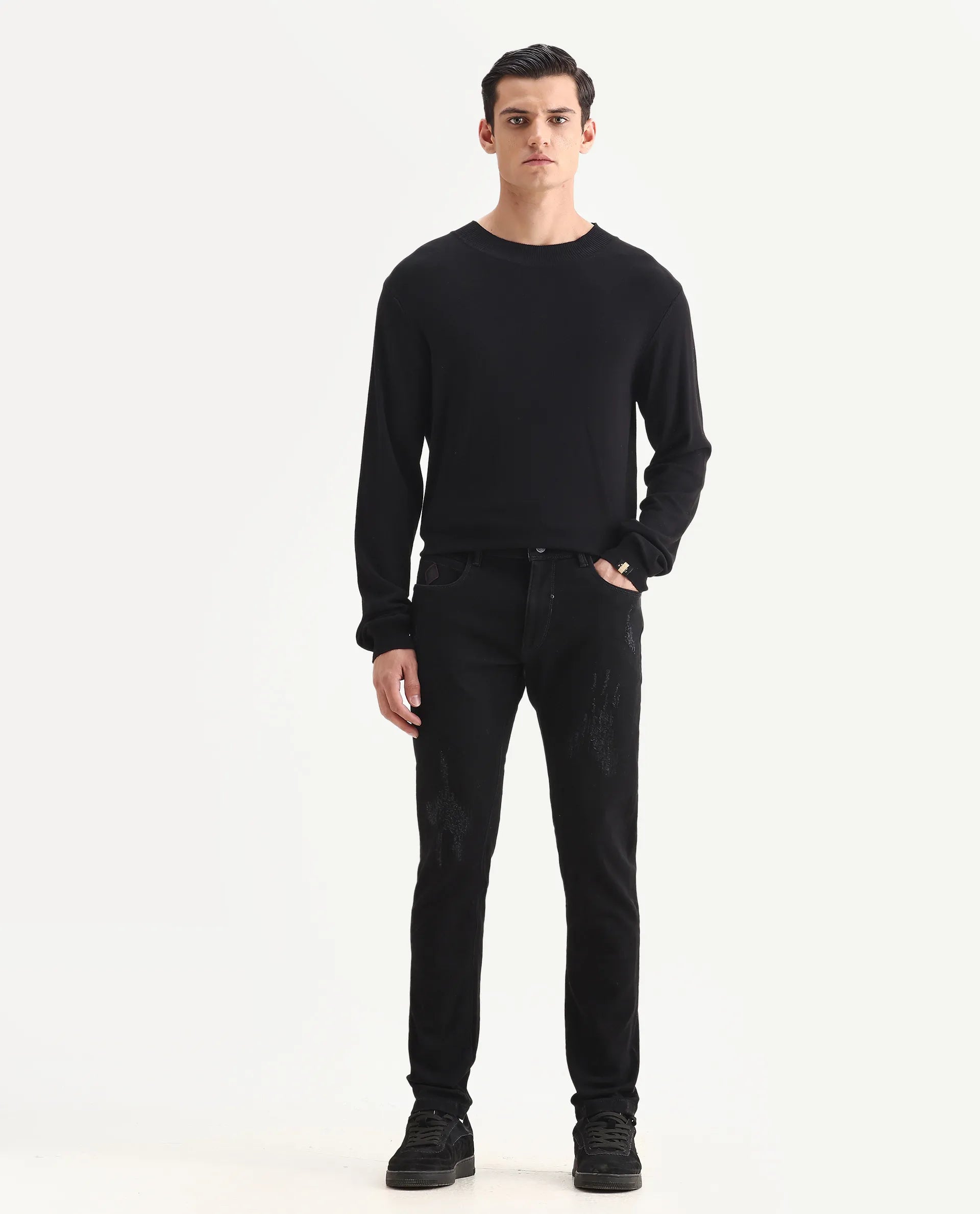 Rare Rabbit Men's Astral Black Cotton Plain Hawk Slim Fit Jeans