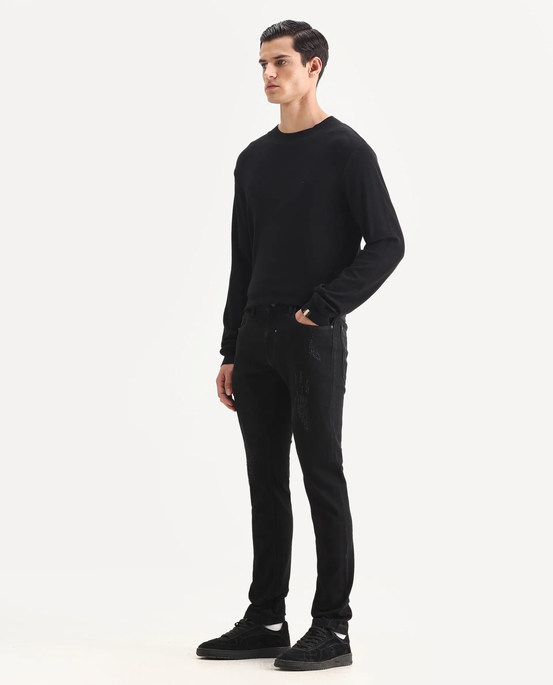 Rare Rabbit Men's Astral Black Cotton Plain Hawk Slim Fit Jeans