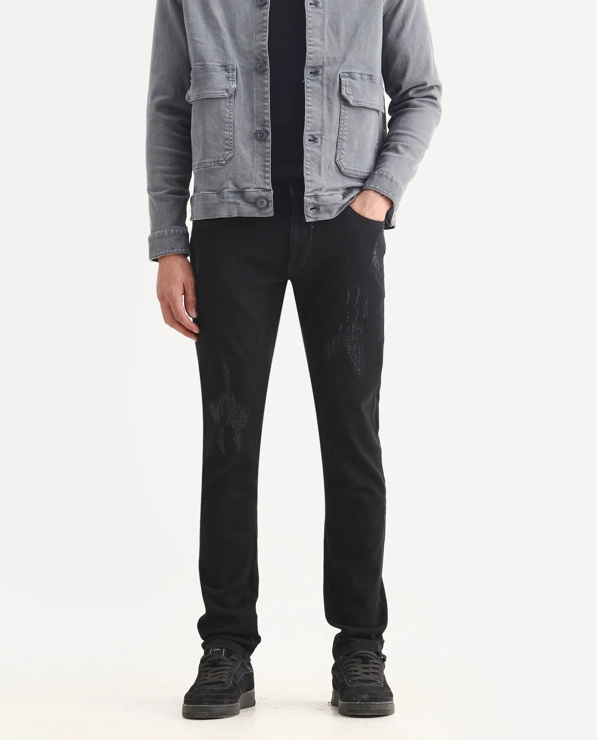 Rare Rabbit Men's Astral Black Cotton Plain Hawk Slim Fit Jeans