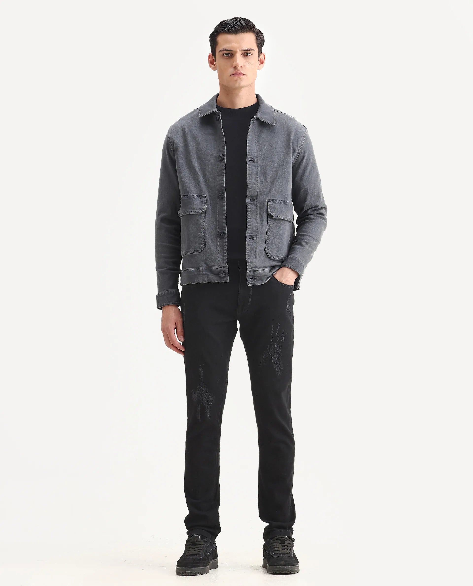 Rare Rabbit Men's Astral Black Cotton Plain Hawk Slim Fit Jeans