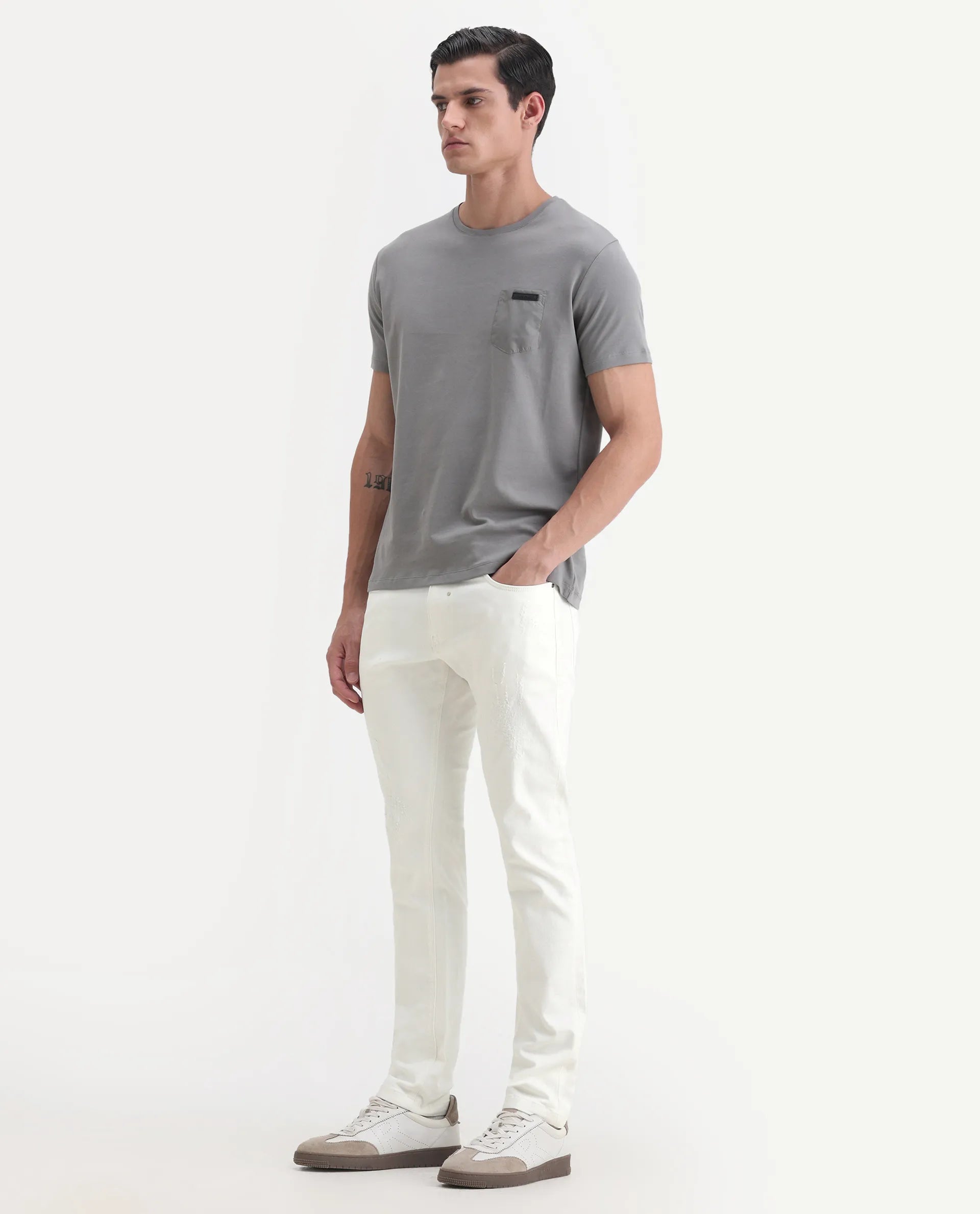 Rare Rabbit Men's Astral White Cotton Plain Hawk Slim Fit Jeans