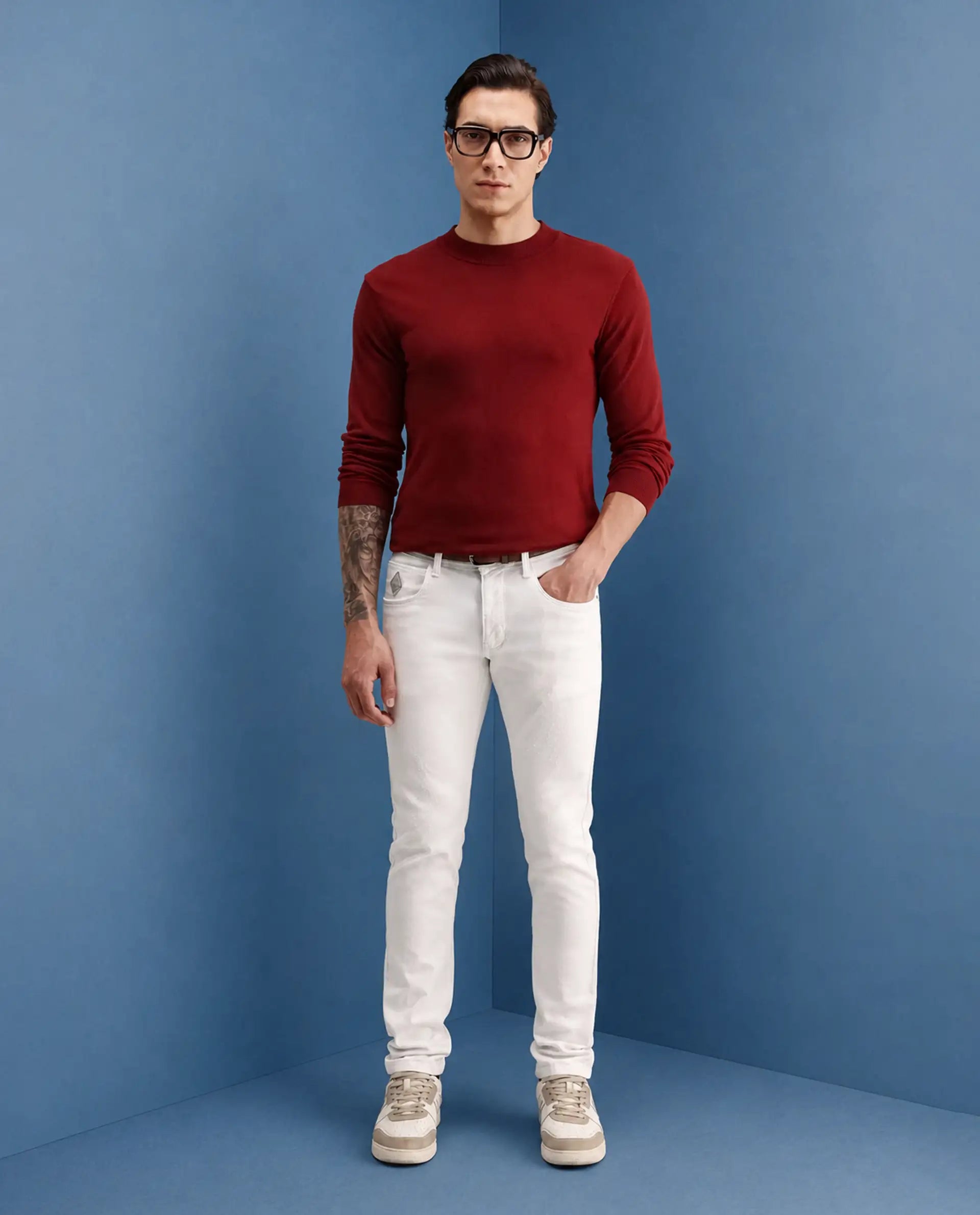 Rare Rabbit Men's Astra W White Cotton Blend Hawk Slim Fit Plain Jeans