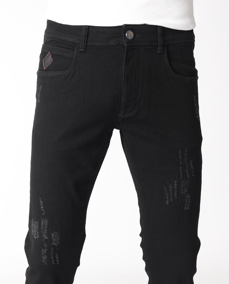 Rare Rabbit Men's Astred Black Dark Wash Mid-Rise Heavy Distressed Slim Fit Jeans