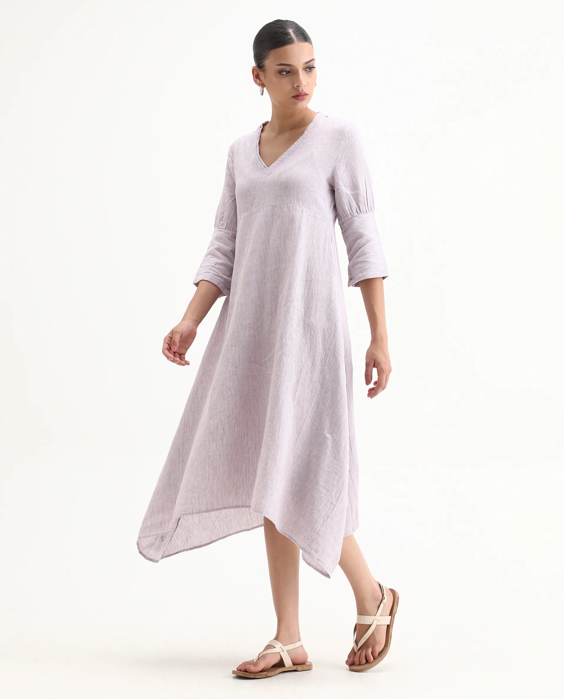 Rareism Women's Astrid Purple Linen V-Neck Striped Knee Length Regular Fit Dress