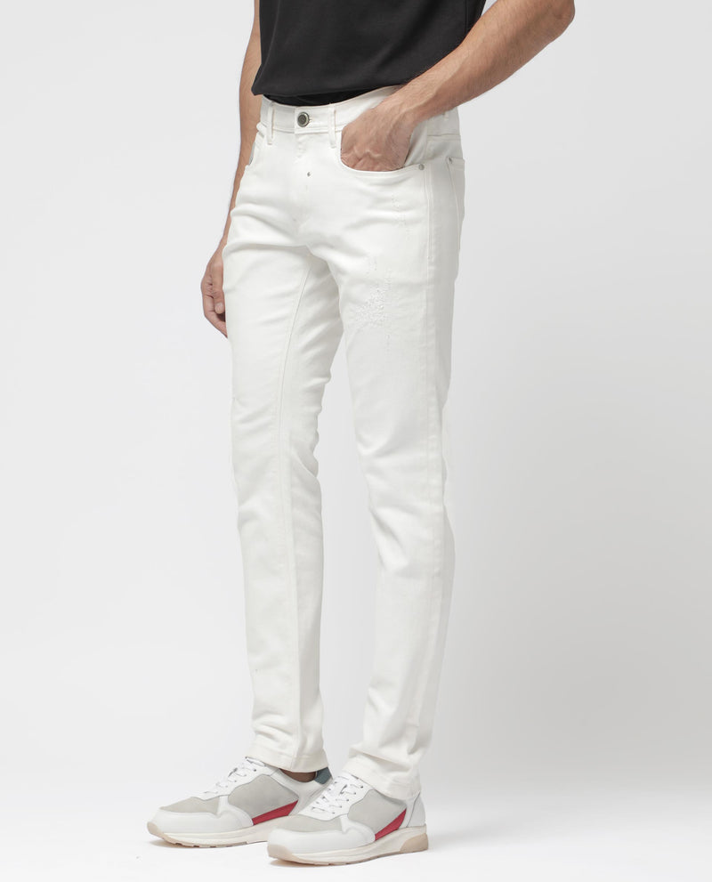 Rare Rabbit Mens Astro White Cotton Mid Rise Elastane Solid Slim Fit Jeans