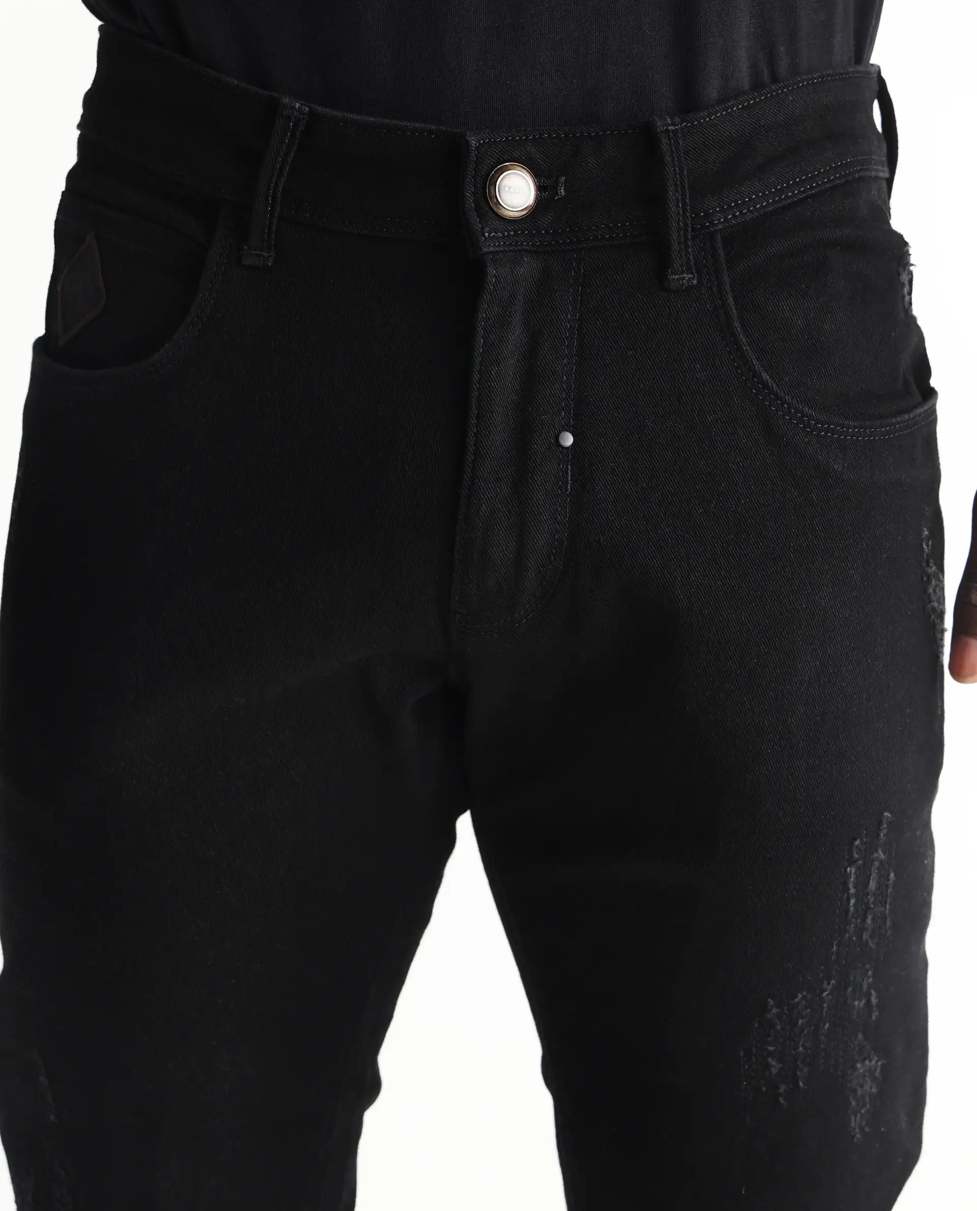 Rare Rabbit Men's Astro Black Cotton Blend Plain Hawk Slim Fit Jeans