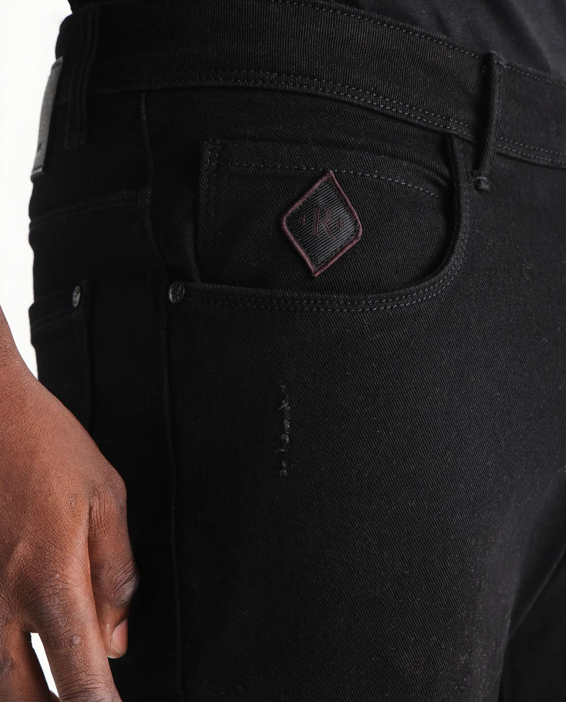 Rare Rabbit Men's Astro Black Cotton Blend Plain Hawk Slim Fit Jeans