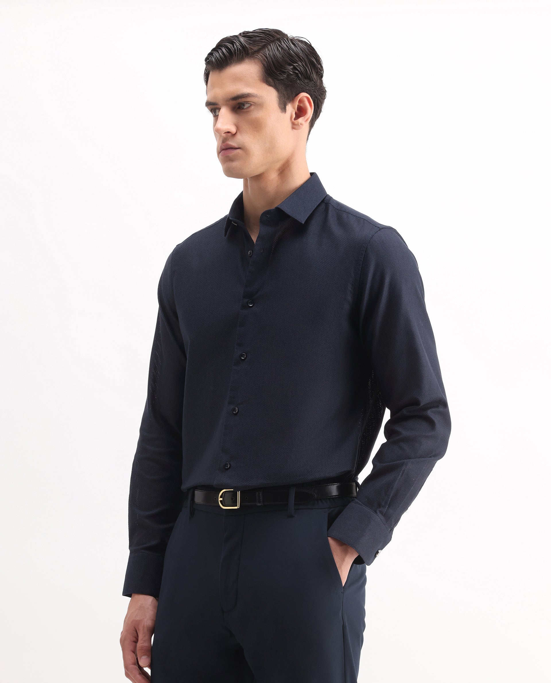 Rare Rabbit Men's Astron 25 Navy Cotton Blend Plain Regular Fit Full Sleeve Collared Shirt