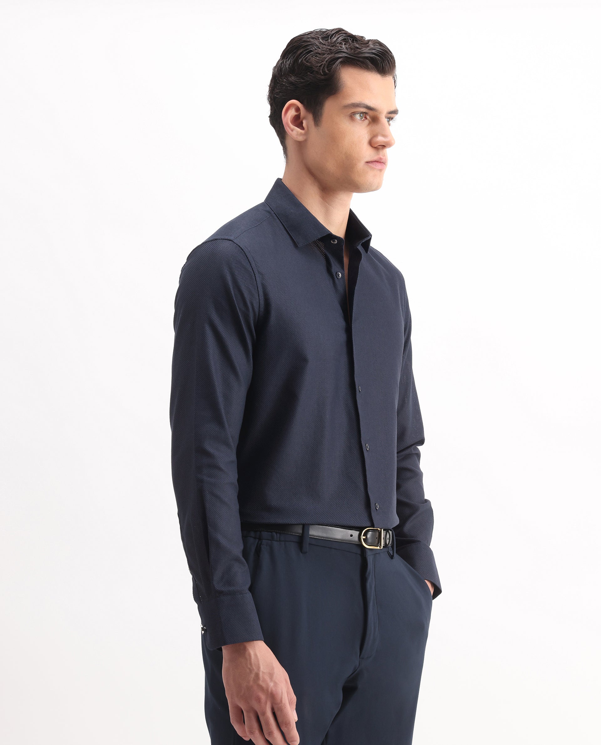 Rare Rabbit Men's Astron 25 Navy Cotton Blend Plain Regular Fit Full Sleeve Collared Shirt