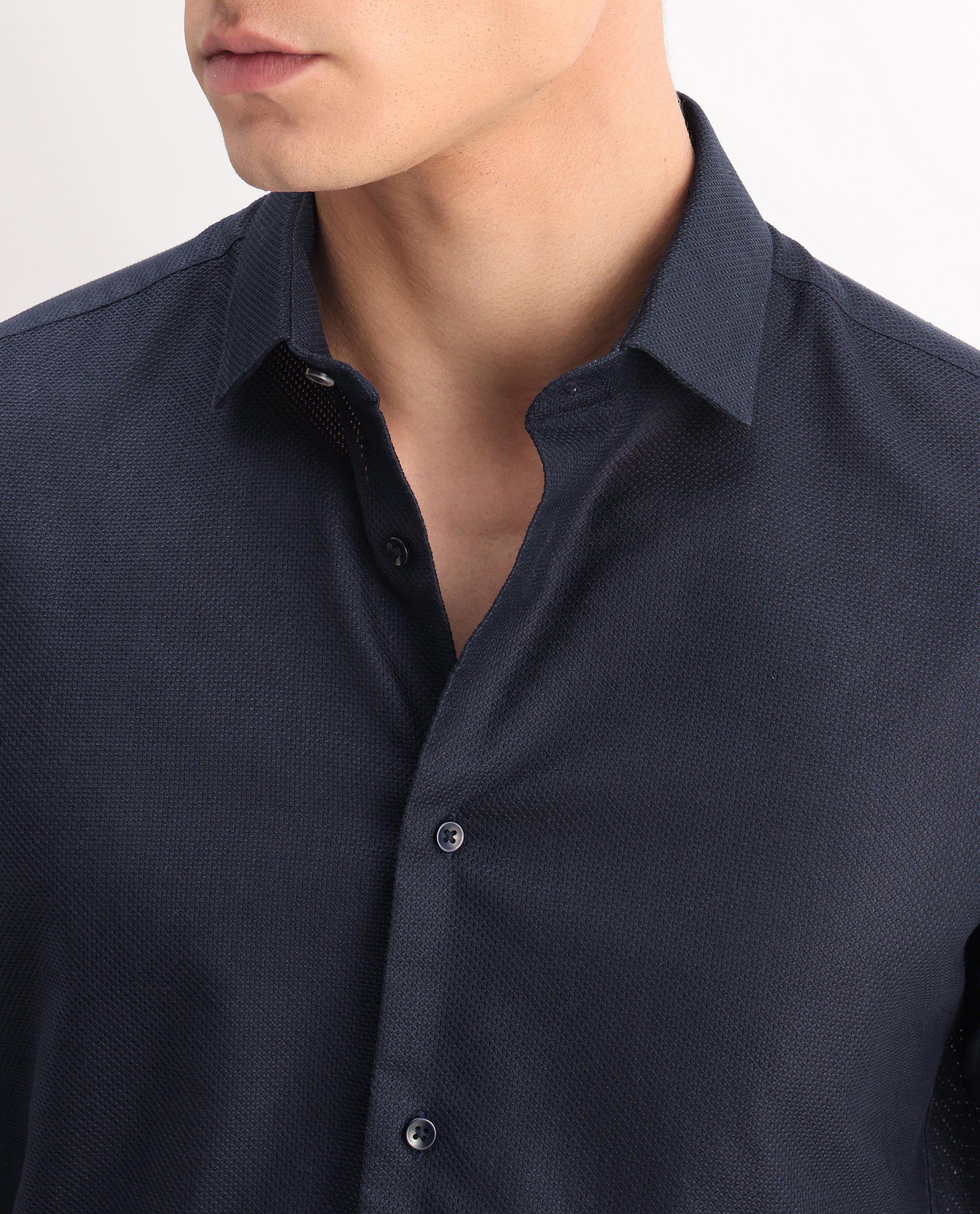 Rare Rabbit Men's Astron 25 Navy Cotton Blend Plain Regular Fit Full Sleeve Collared Shirt