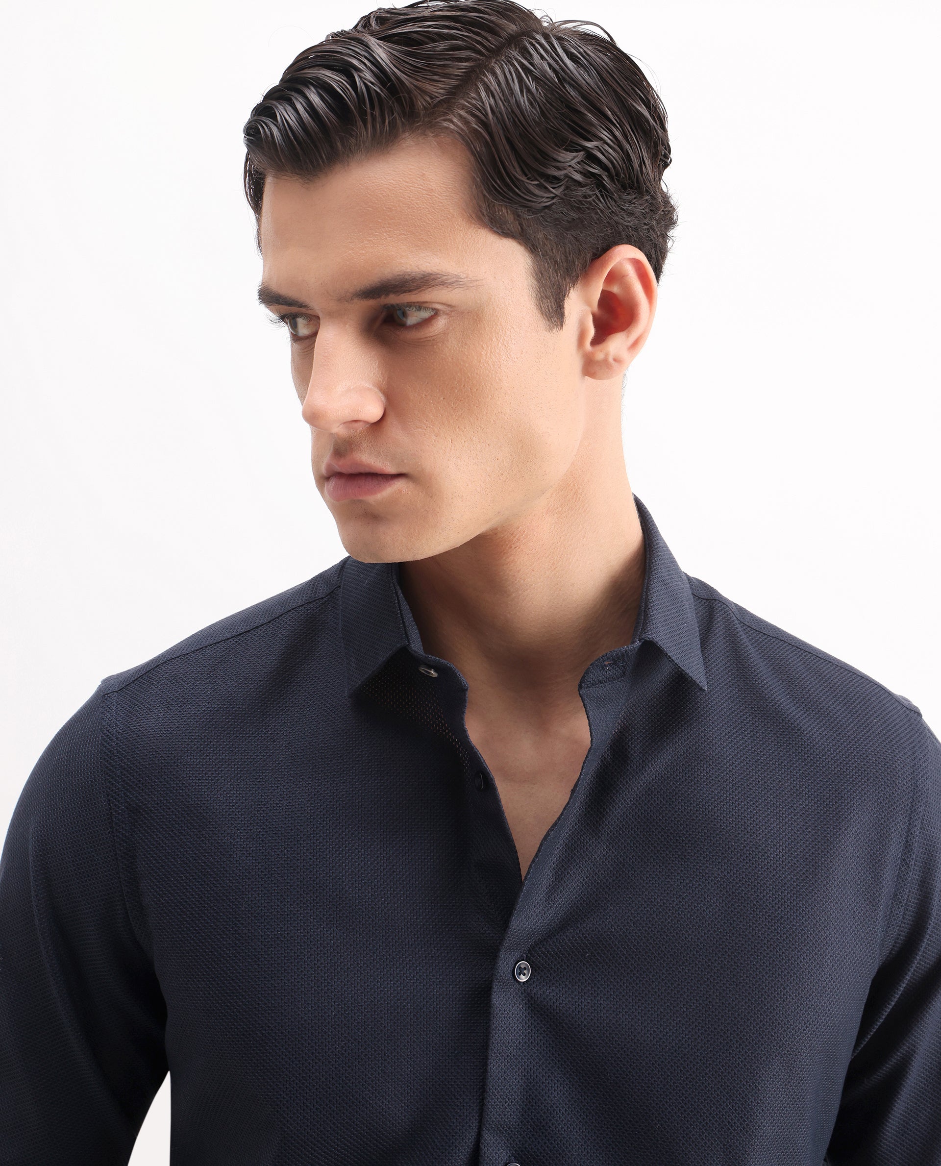Rare Rabbit Men's Astron 25 Navy Cotton Blend Plain Regular Fit Full Sleeve Collared Shirt