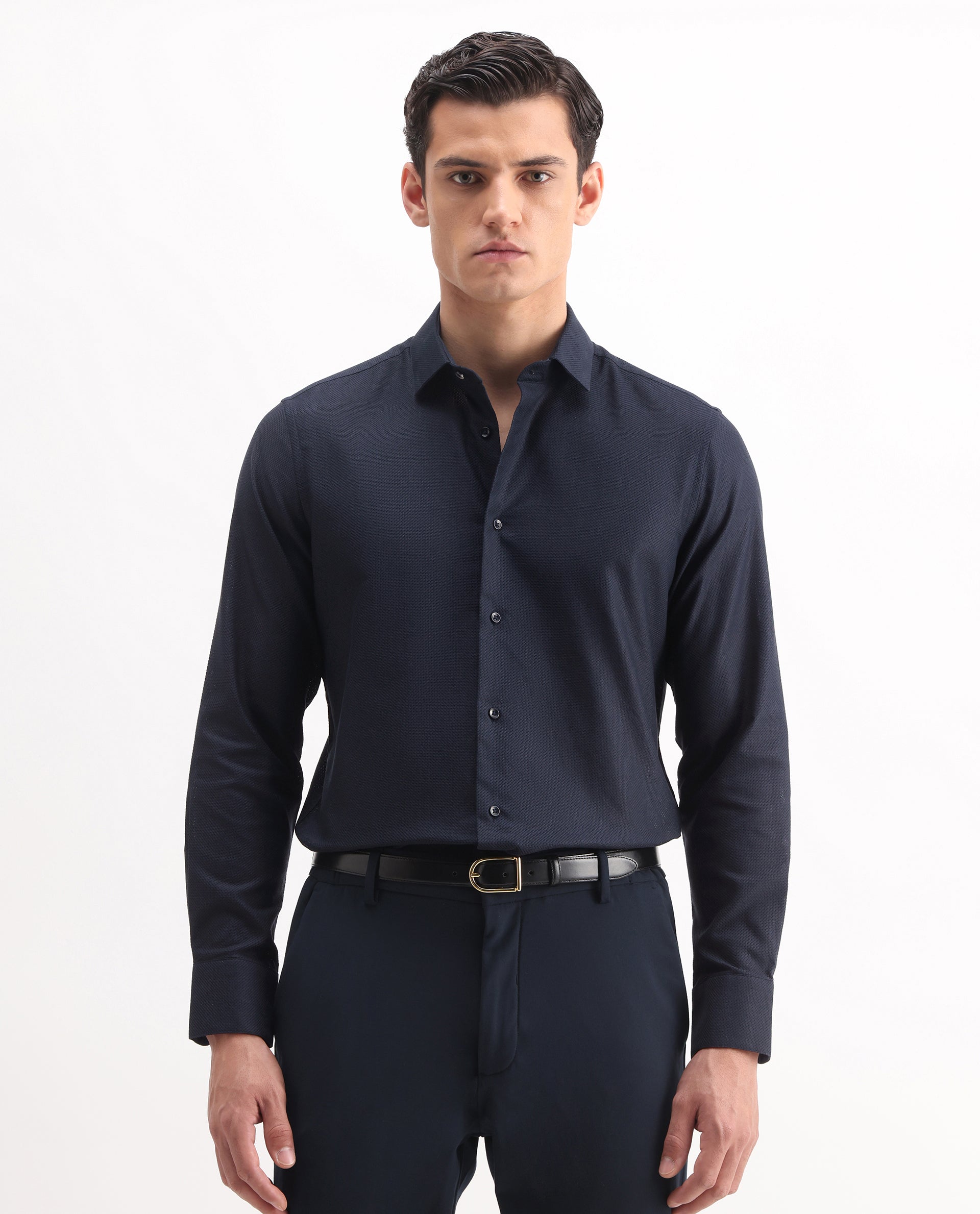 Rare Rabbit Men's Astron 25 Navy Cotton Blend Plain Regular Fit Full Sleeve Collared Shirt