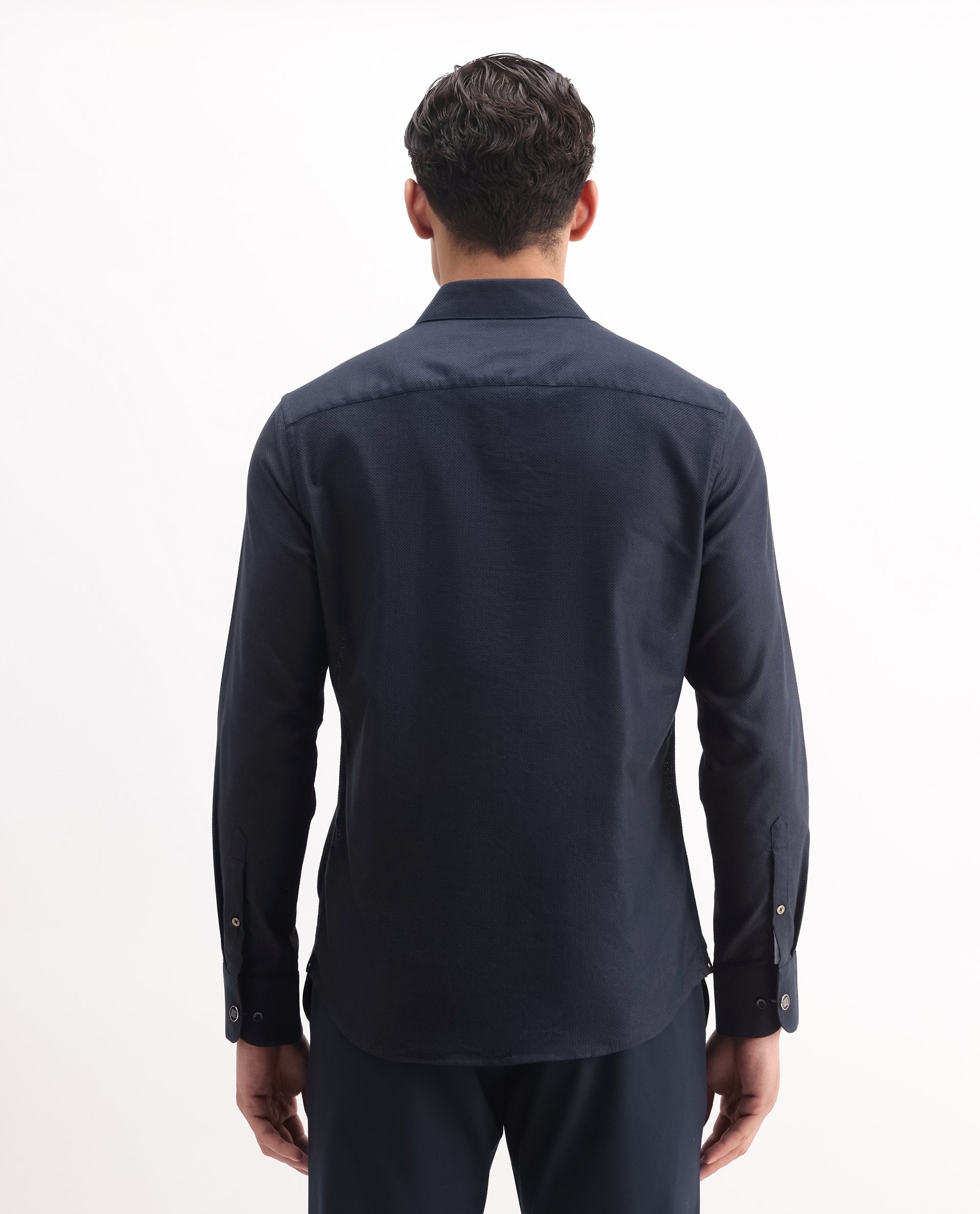 Rare Rabbit Men's Astron 25 Navy Cotton Blend Plain Regular Fit Full Sleeve Collared Shirt