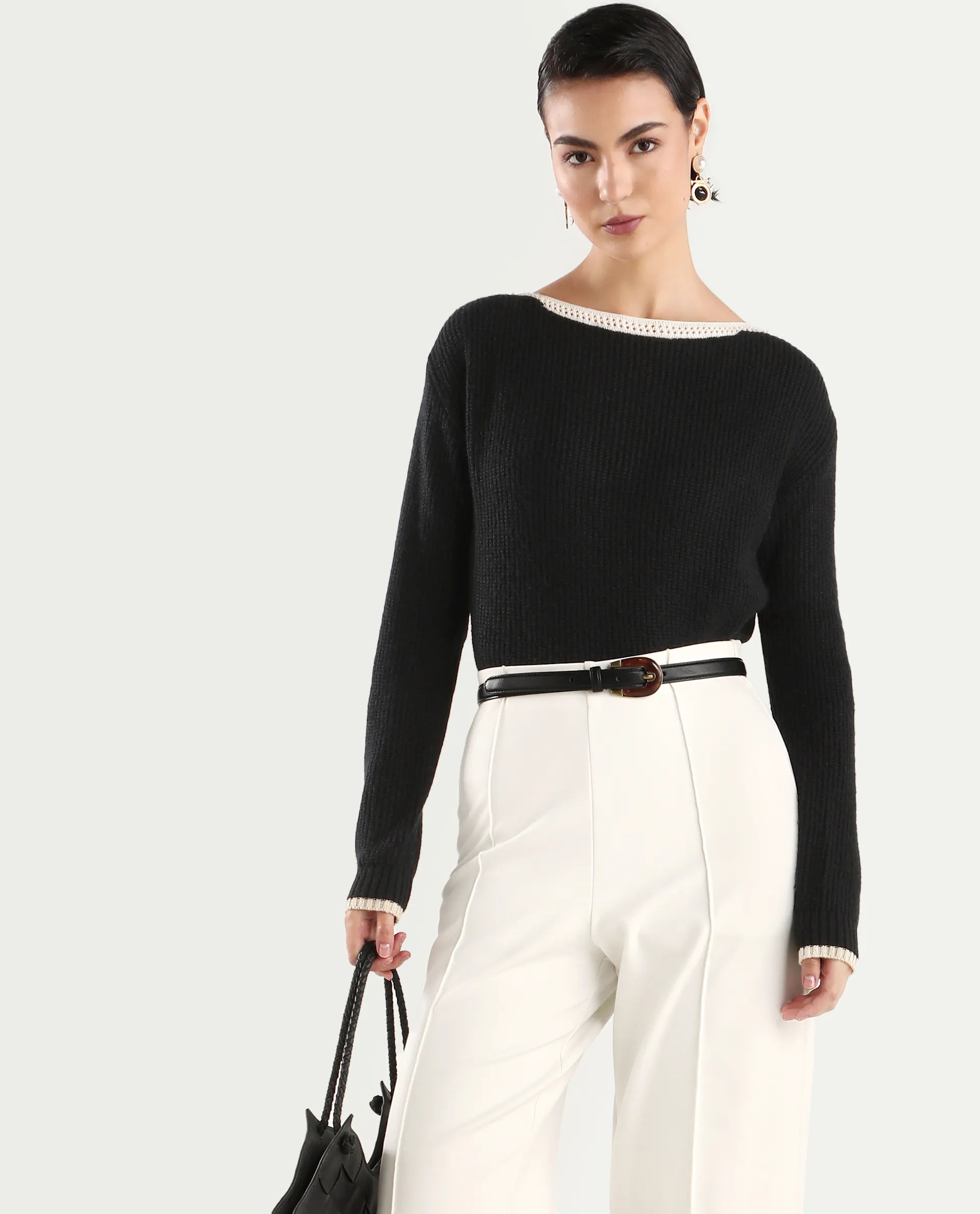 Rareism Women's Astrophel Black Acrylic Boat Neck Plain Relaxed Fit Sweater