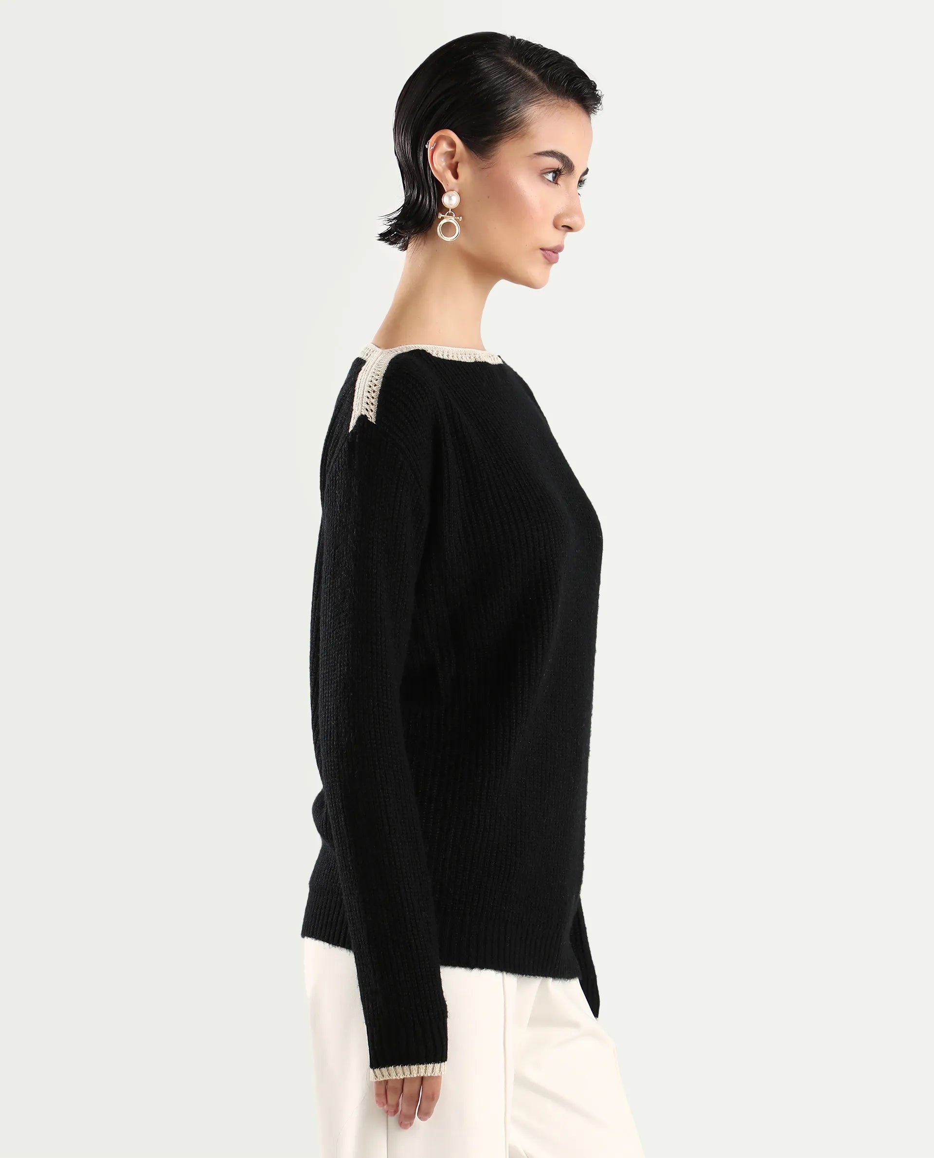 Rareism Women's Astrophel Black Acrylic Boat Neck Plain Relaxed Fit Sweater