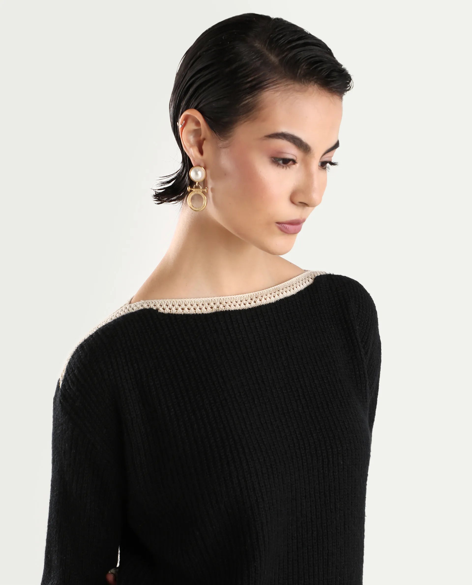 Rareism Women's Astrophel Black Acrylic Boat Neck Plain Relaxed Fit Sweater