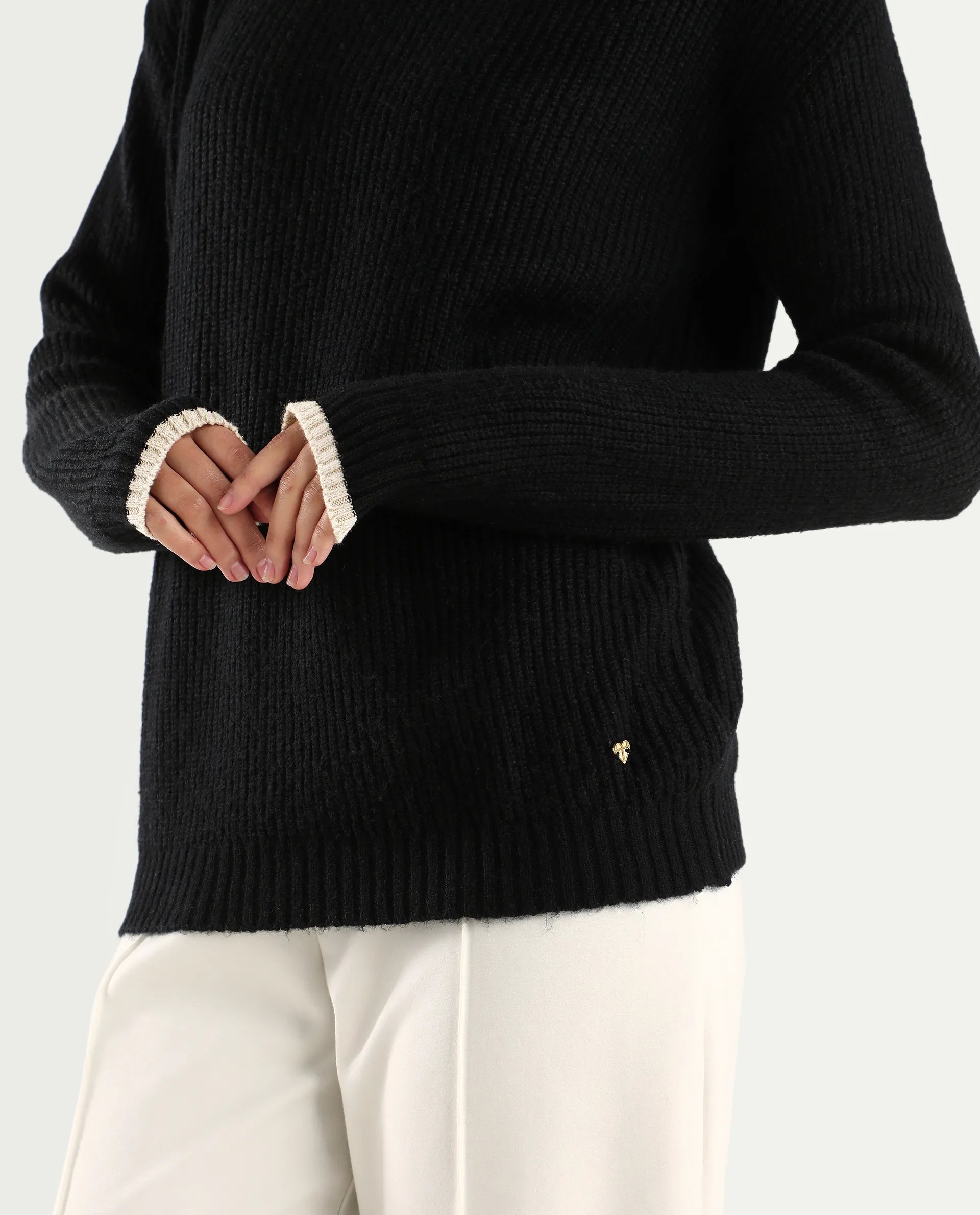 Rareism Women's Astrophel Black Acrylic Boat Neck Plain Relaxed Fit Sweater