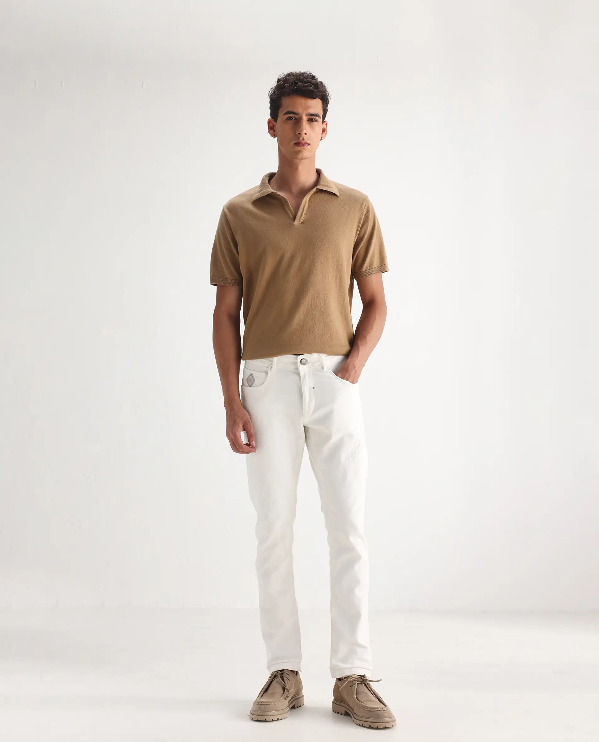 Rare Rabbit Men's Astro White Cotton Blend Plain Hawk Slim Fit Jeans