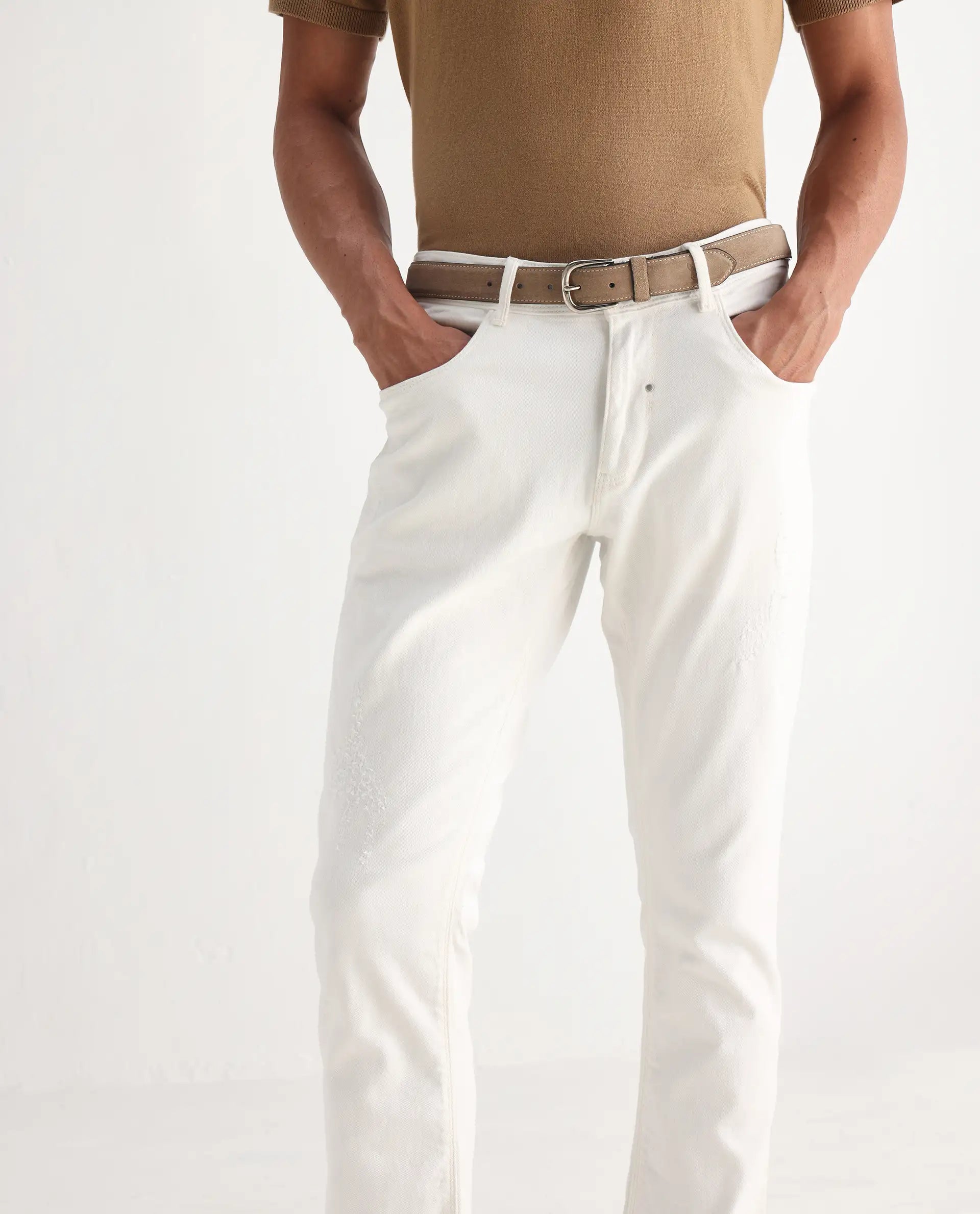 Rare Rabbit Men's Astro White Cotton Blend Plain Hawk Slim Fit Jeans