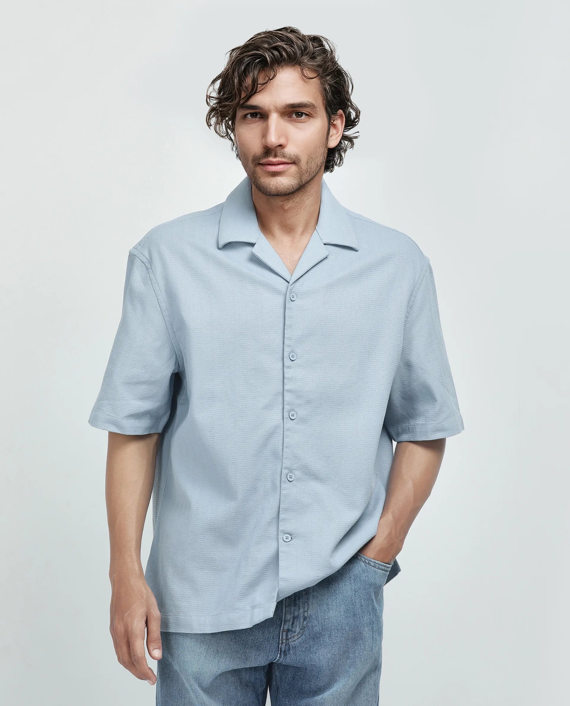 Rare Rabbit Men's Astur Blue Cotton Fabric Short Sleeve Cuban Collar Boxy Fit Textured Shirt