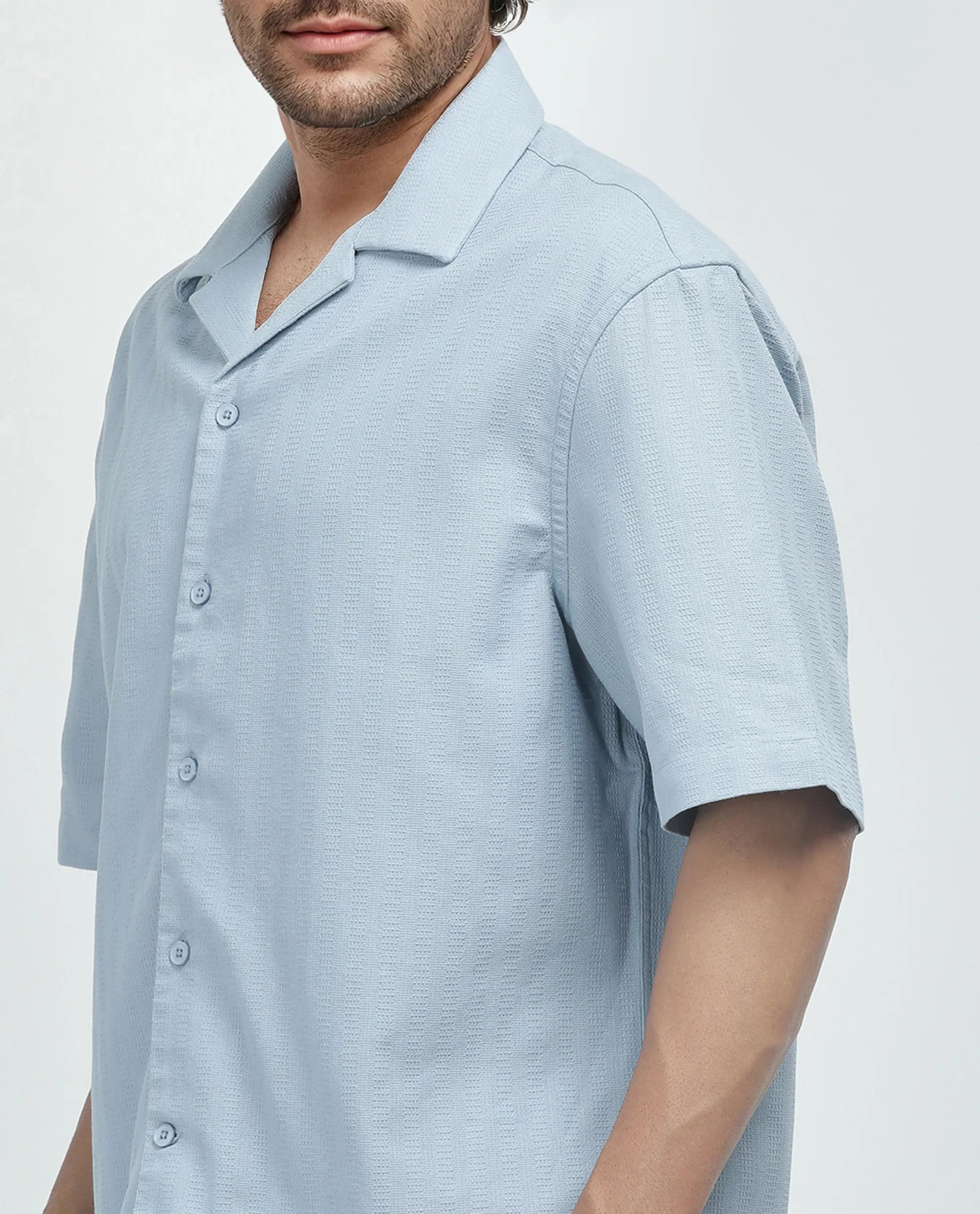 Rare Rabbit Men's Astur Blue Cotton Fabric Short Sleeve Cuban Collar Boxy Fit Textured Shirt